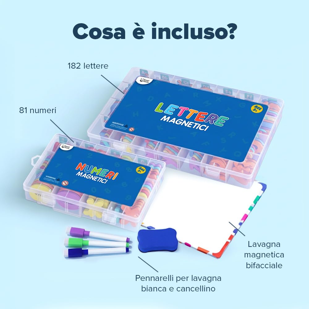 Smart Panda Set Completo di Magneti per Il Frigo con 182 Lettere e 81 Numeri e Simboli Magnetici per Bambini- Include 2 Contenitori, Lavagna Magnetica, Penne e Gomma