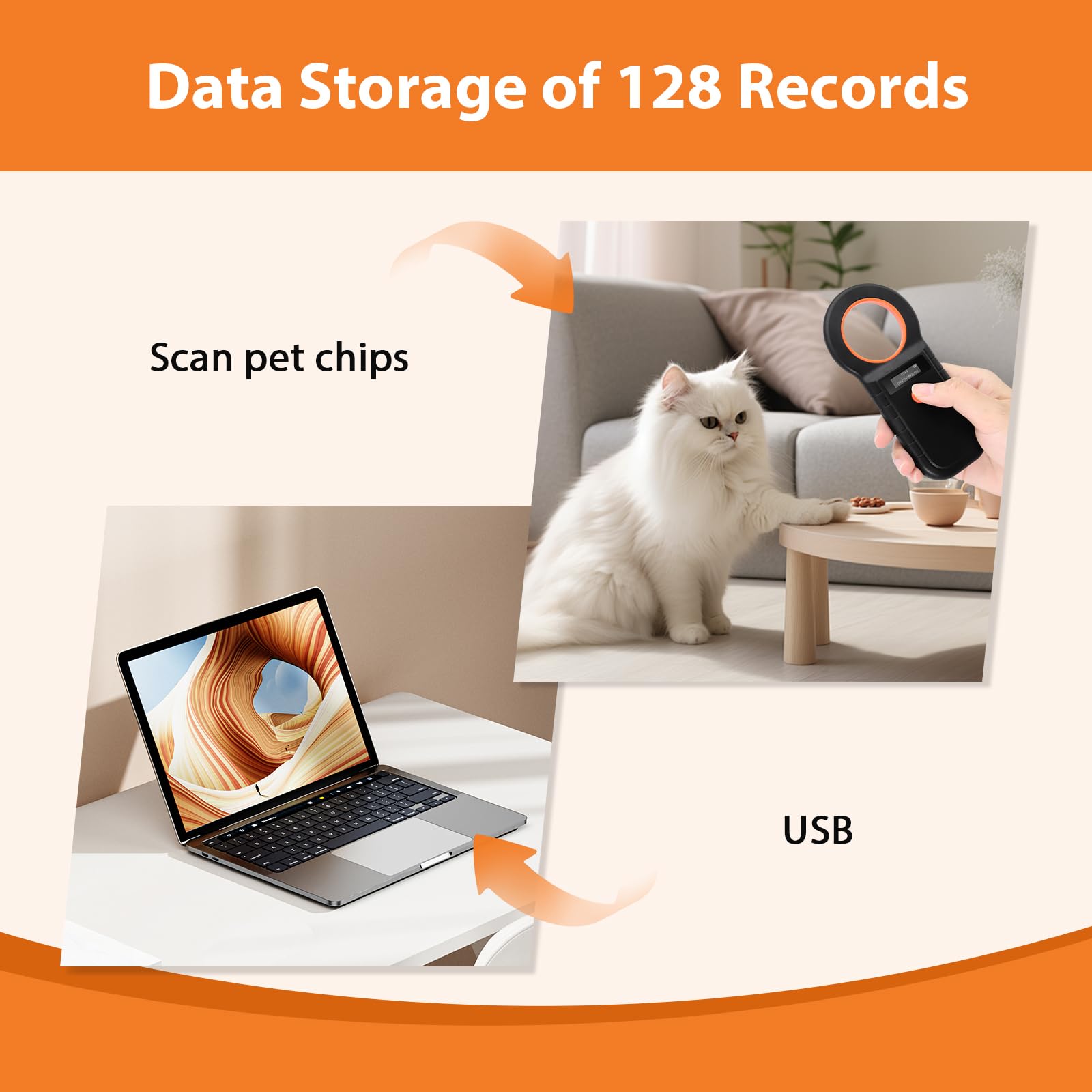 Chiplesegerät für Tiere, 128 Stück Tag-Informationsspeicher, Chiplesegerät für Hunde/Katze, RFID Mikrochip Lesegerät, 134,2KHz, ISO11784/85/HFDX-B/EMID