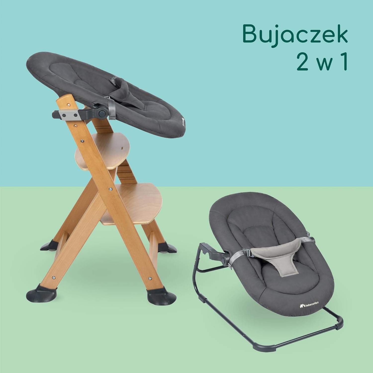 Bebeconfort Timba Baby, Bujaczek 2-w-1, 0–6 mies., 0–9 kg, Zestaw dla noworodków do wysokiego krzesełka Timba Baby, 2 odchylane pozycje, Bardzo miękkie siedzisko, 3-punktowa uprząż, Tinted Graphite