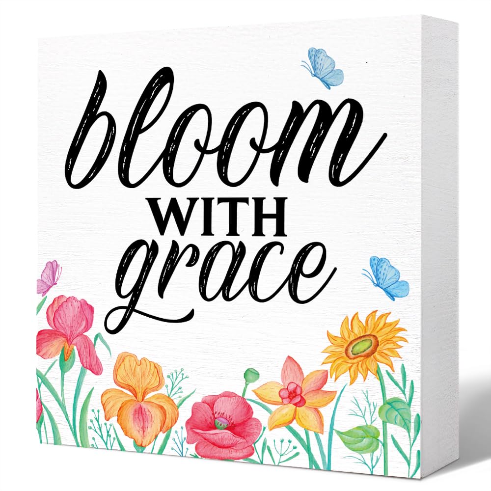 Spring Desk Decor,Bloom With Grace Spring Quotes Wood Block Plaque Box Sign for Home Farmhouse Garden Desk Shelf Table Decoration,Spring Table Decor Wood Block Sign