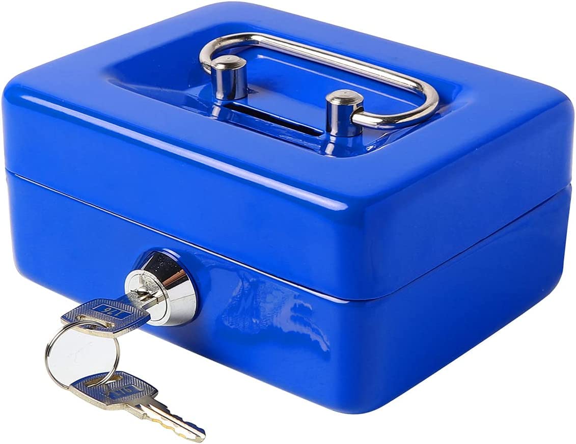 Ostin Small Cash Box with Key Lock, Money Slot, Double Layer 2 Keys for Security, Festivals, Durable Pocket Money Box with Money Tray (Blue)-picture-18