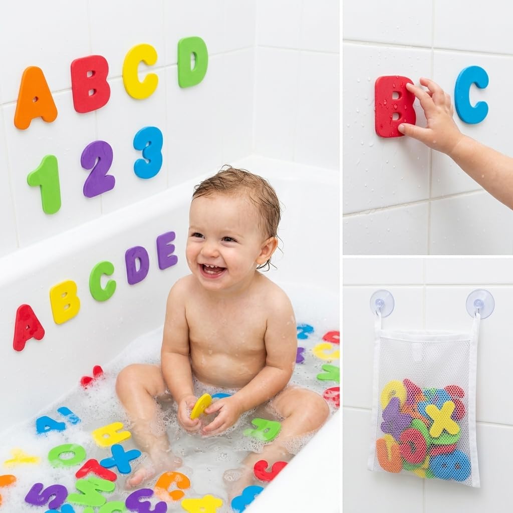 37 PCS Bath Letters and Numbers with Mesh Storage Bag, Foam Bath Toys for Toddlers, Stick on Wall Alphabet Learning Toys, Sensory Educational Bath Toys, Kids Baby Bath Toy Set — view 3