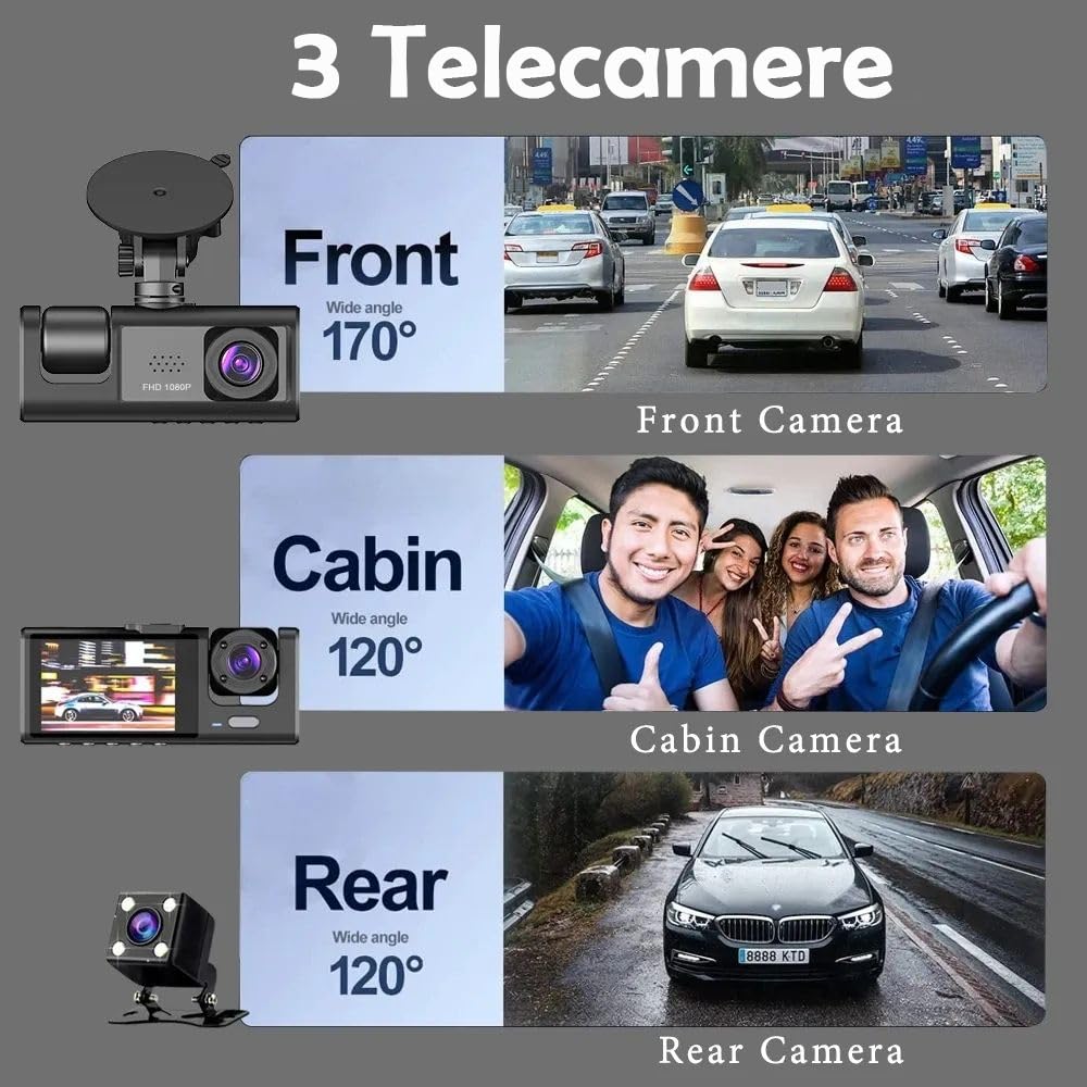 Videoregistratore Auto Dashcam 3 Canali Full HD 1080P | Sistema a 3 Telecamere (Anteriore + Posteriore + Interno/Abitacolo) | Doppio Obiettivo Anteriore, Schermo LCD 3", Scatola Nera G-Sensor