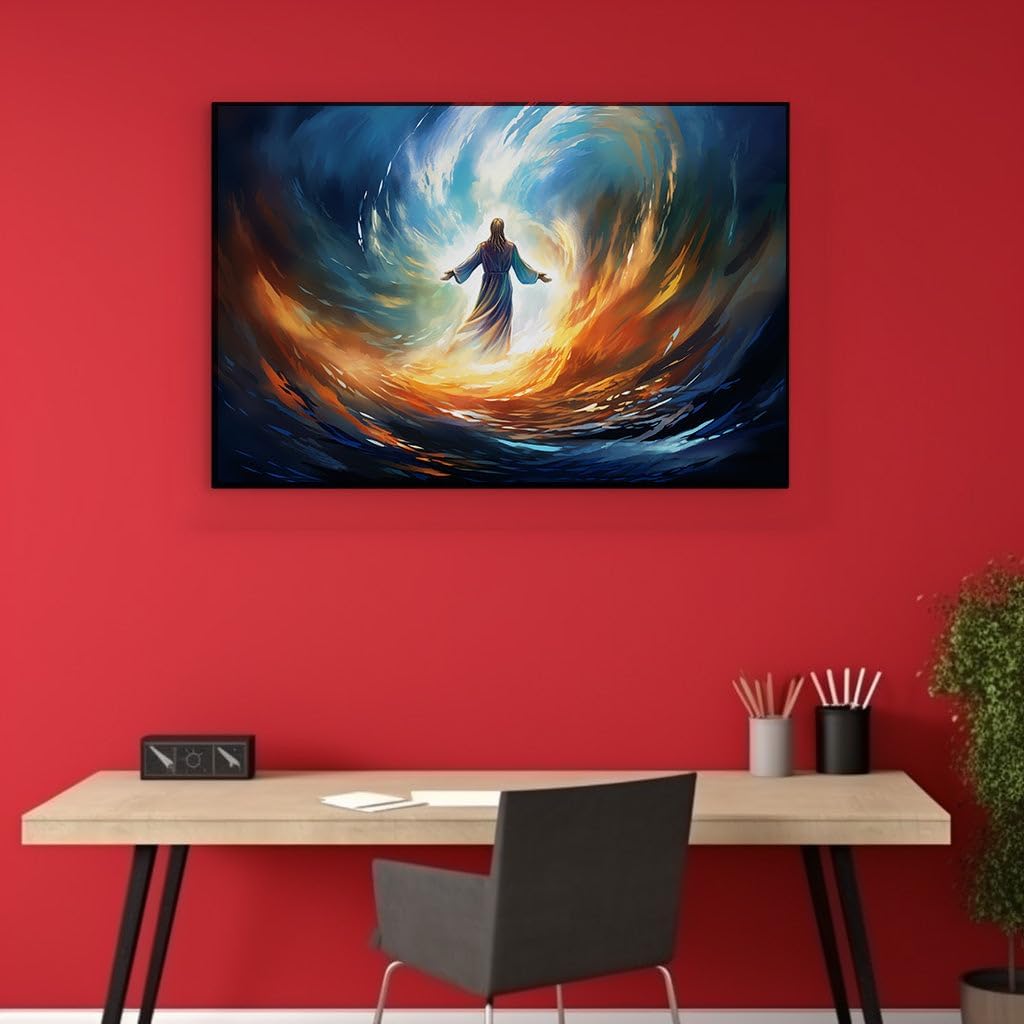 Canvas for Living room. Embracing Tranquility: Jesus Amongst the Whispers of Water and Sky, 27 x 18 inch Canvas Wall Art - Contemporary Masterpieces - Spiritual Home Decor
