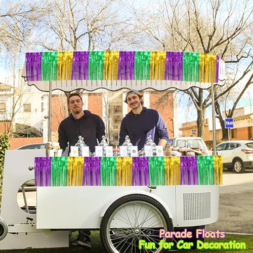 Image of 4 Packs Total 39 Ft Mardi Gras Parade Floats for Trailer Car, Green Gold Purple Foil Fringe Garland Tinsel Streamers Banner Table Skirts for Halloween Graduation Homecoming Birthday Party Decor