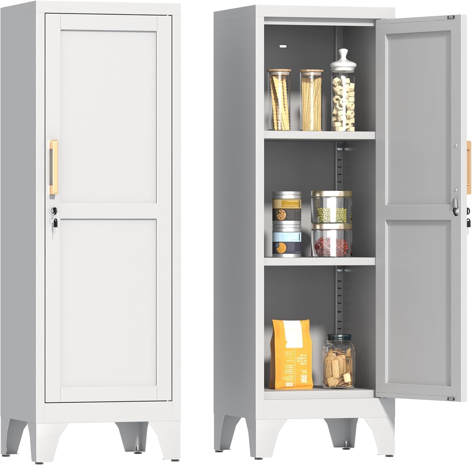 46"H White Metal Pantry Cabinet with 1 Lockable Door and 2 Adjustable Shelves, 3 Tier Small Storage Cabinet with Detachable Legs and Vintage Handle for Kitchen,Home Office,Gym,School,Easy Assembly