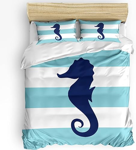 LooPoP Juego de edredón de tamaño queen, juego de funda de edredón suave de caballo de mar abstracto, juego de funda de edredón de 3 piezas a rayas