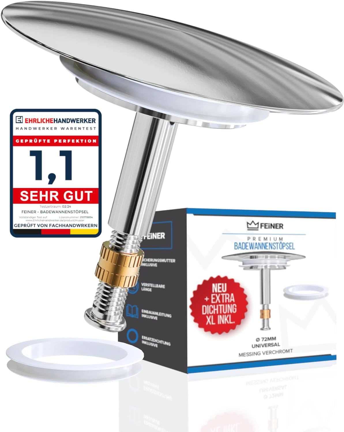 Messing Badewannenstopper 72mm - Höhenverstellbar Mit Silikondichtung, Verchromt