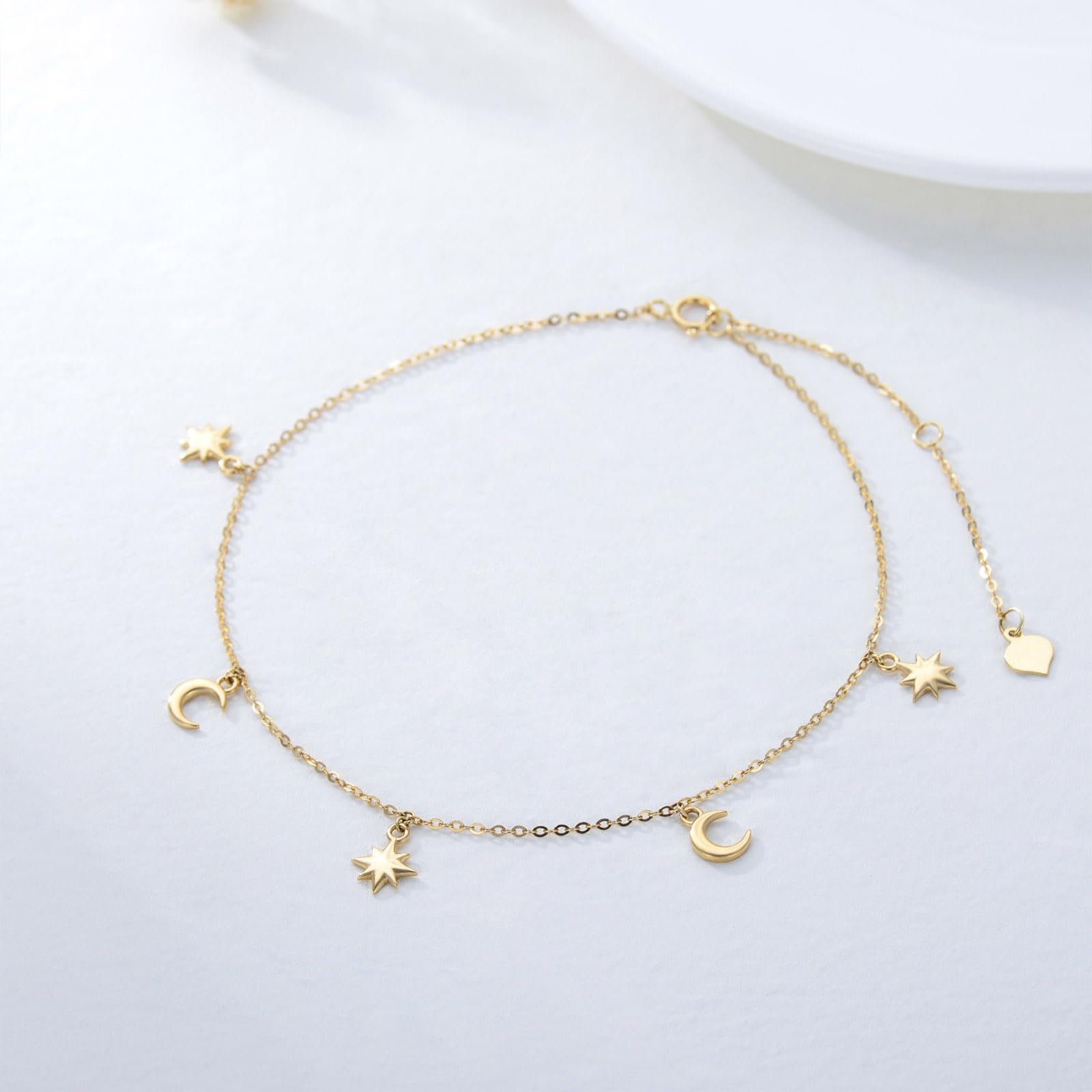 375/9K Echtgold Stern Mond Fußkettchen für Damen, Gelbgold Mond-Stern Quasten Fußkettchen, Exquisit Schmuckgeschenk zum Jahrestag Geburtstag für Ehefrau Mutter Freundin, 20+5cm