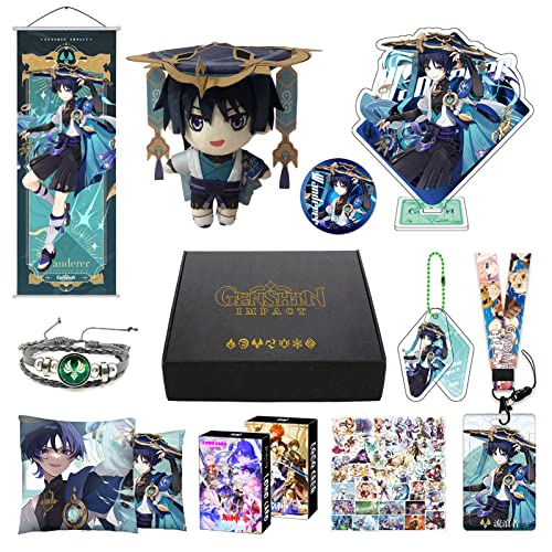 Genshin Impact Box Caja de Regalo Merch Set con 11 Regalos, Wanderer Cyno Xiao All 5 Stars Characters Plush Poster Acrylic Stand Pegatinas Set Colección para fans de los viajeros (excursionistas)