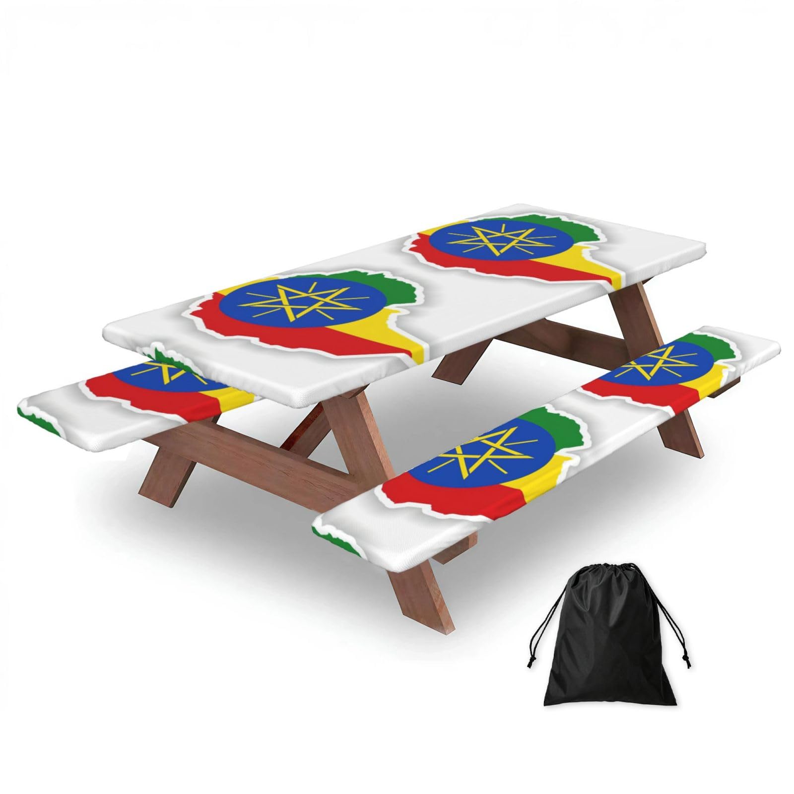 Zyjhyy Black Ethiopia Flag Map Print 3 Pack Wipeable Picnic Bench Cover And Table Cover Lightweight Table Cloth For Camping Outdoor