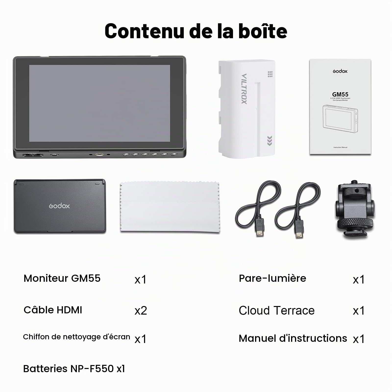 Godox GM55 5,5 Pouce 4k Externe Caméra Moniteur avec Batteria Écran Tactile 410nit DSLR Camera Field Monitor 1920x1080 IPS HDMI 3D LUT avec NP-F550 Batteria Pare-Soleil de Terrain pour Micro et DSLR