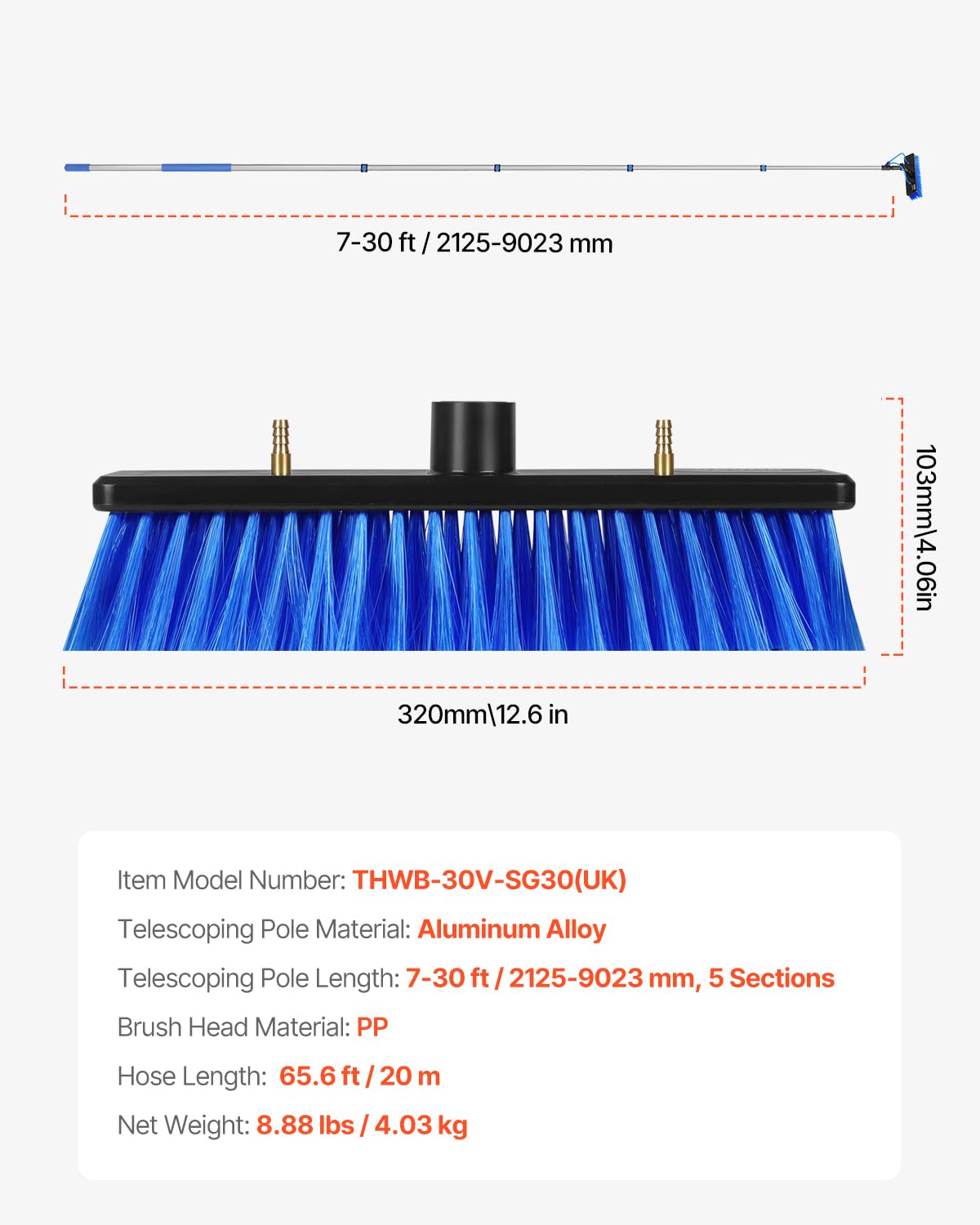 VEVOR Kit Palo Alimentato ad Acqua, Palo per Pulizia dei Pannelli Solari 9 m con Manico Estensibile, Testina della Spazzola Girevole a 180° Tubo Flessibile 20 m, per Ponte Pannello Solare Roulotte