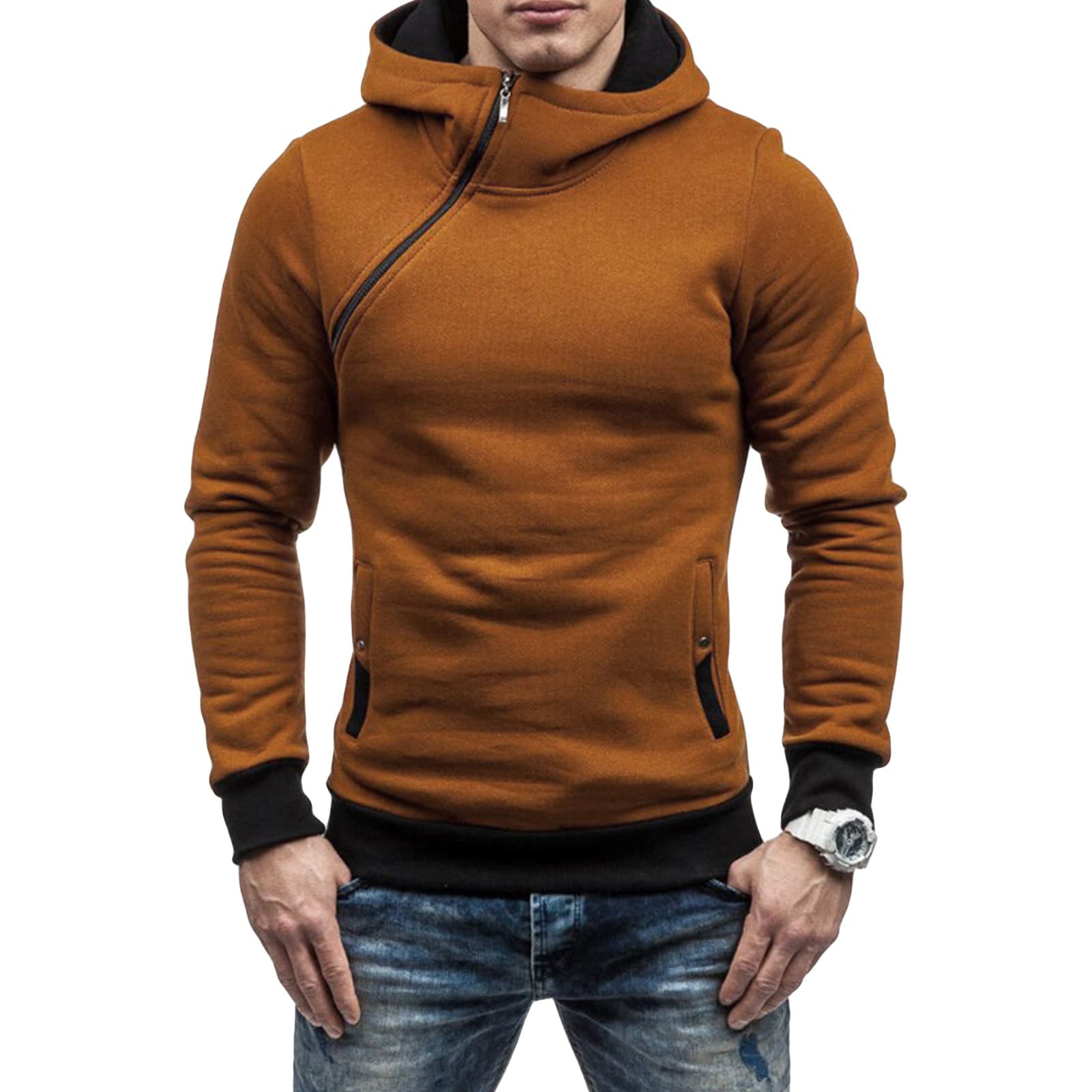 Maiyifu-GJ Men's Fleece Unique Zipper Hoodies Casual Slim Fit Lightweight Hoodie Solid Long Sleeve Active Hooded Sweatshirt (Camel,XX-Large)