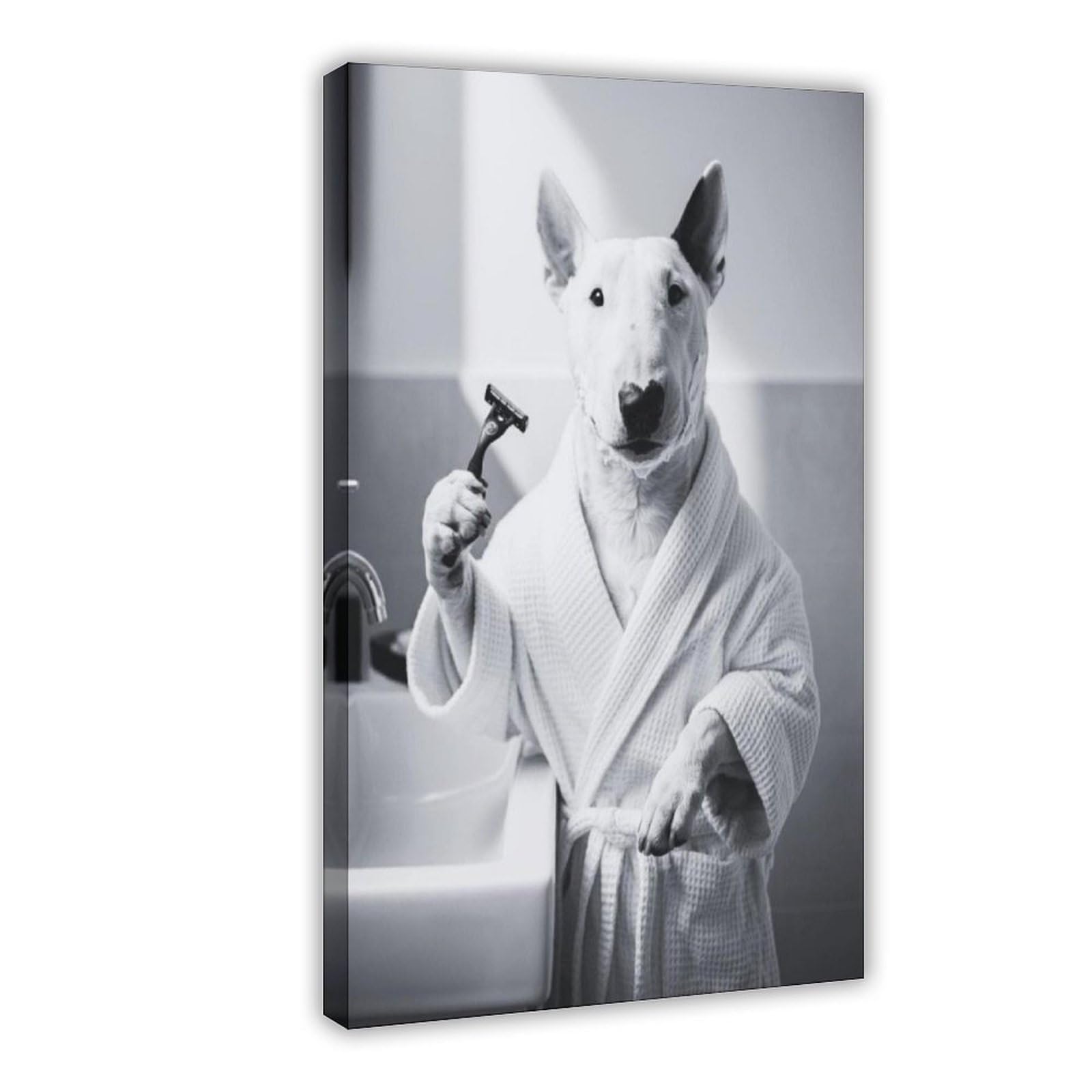 Mghdgd Bull Terrier Dog Bathroom Art Shaving With Razor Canvas Poster Bedroom Decor Landscape Office Room Decor Gift 08X12inch(20X30cm)