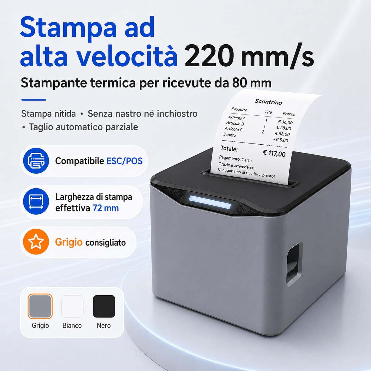 Stampante termica POS 80 mm per ricevute, 220 mm/s，Bianco：USB | Caricamento rapido, semi-taglio automatico e avvisi acustici/luminosi per un lavoro fluido in negozi, bar e ristoranti.