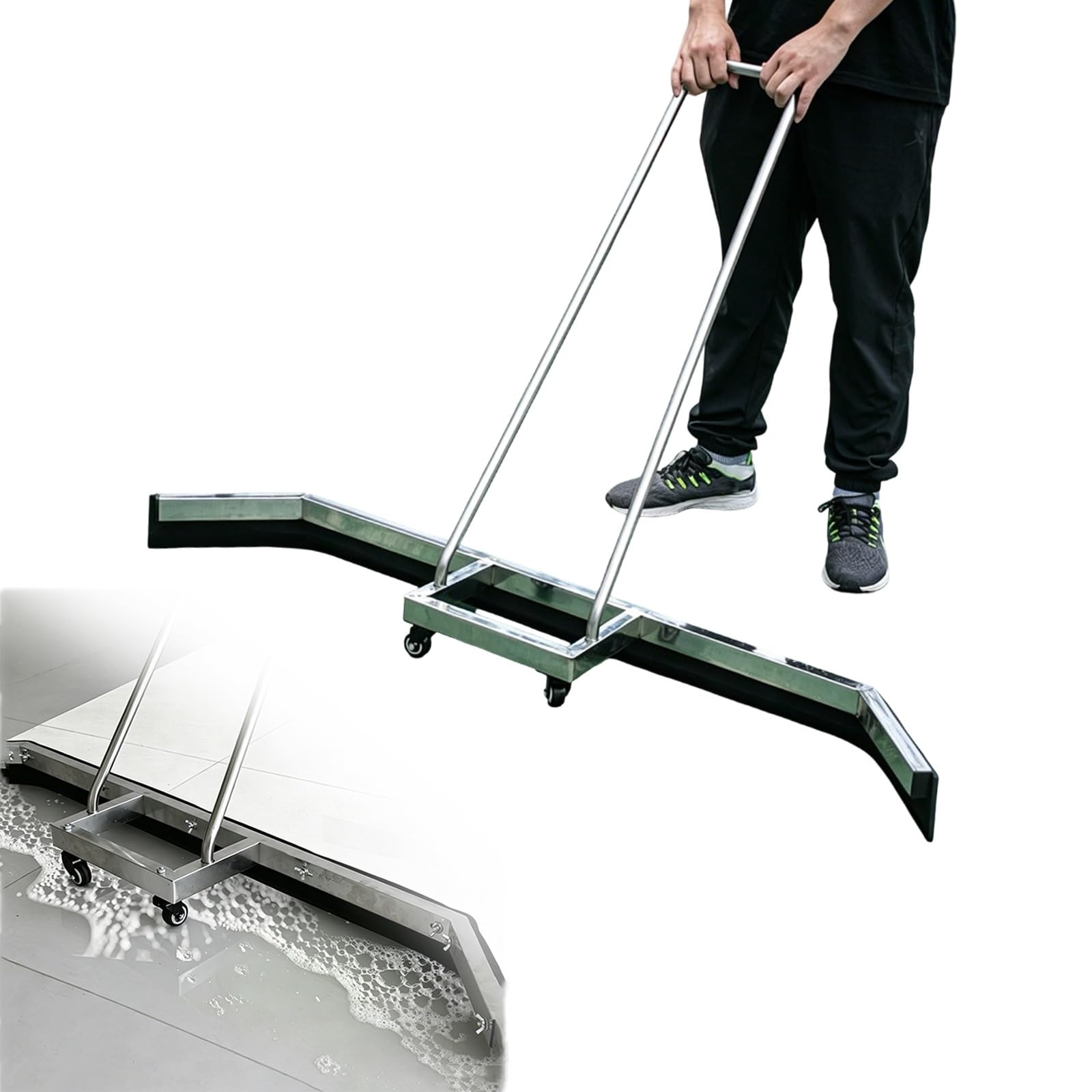 Escobilla de Goma con Ruedas para Pistas de Tenis, de Acero Inoxidable, con Hoja de EVA y Ruedas giratorias. Escobilla de Goma Resistente para Suelos de hormigón, Color Plata(135cm)