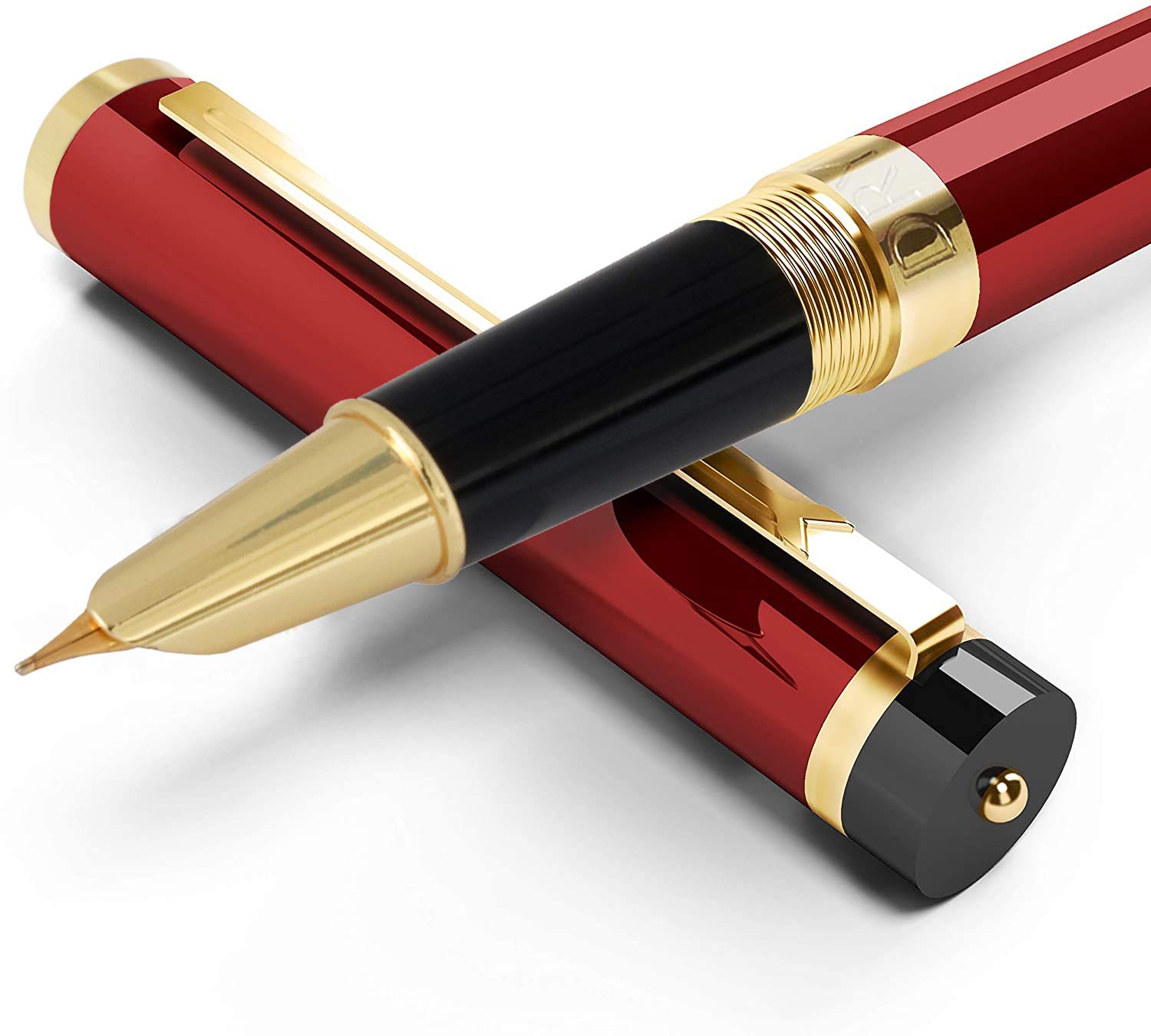 Dryden Designs Pluma estilográfica punta fina, incluye 24 cartuchos de tinta, 12 negro y 12 azul viene con convertidor de tinta de repuesto, bolsa de regalo herramienta de escritura clásica [rojo