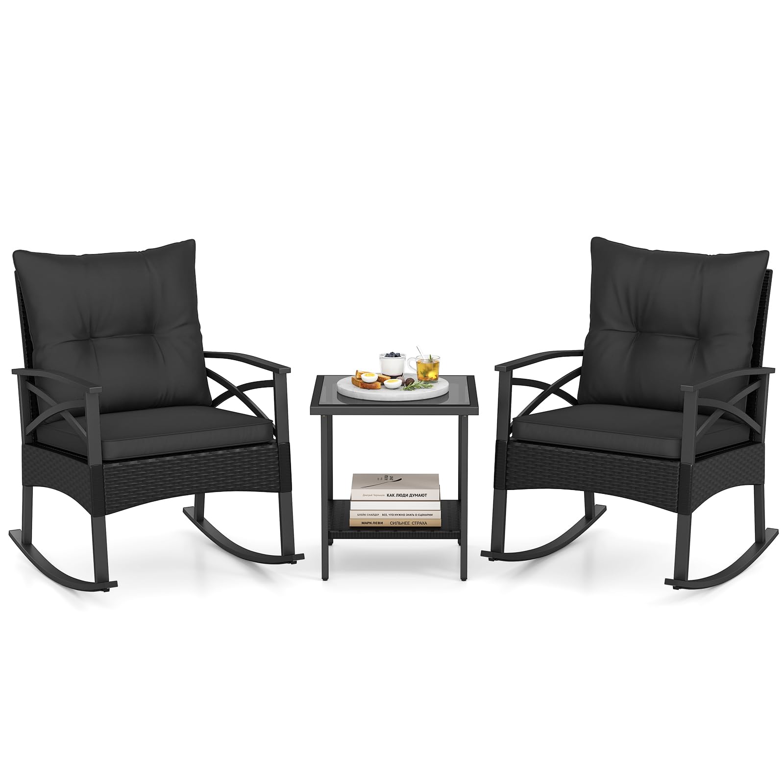 Tangkula 3 Pieces Wicker Outdoor Rocking Chairs Set