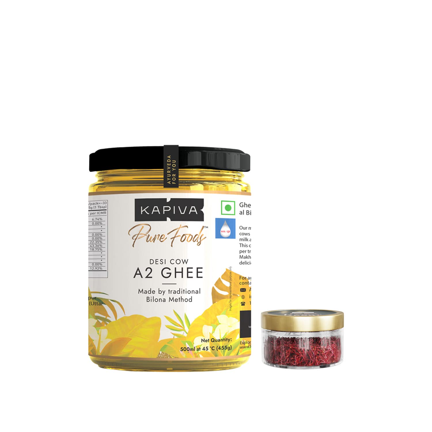 Kapiva A2 Desi Cow Ghee 500ml | Bilona Method, Curd-Churned | Pure, Natural, Healthy+ Kapiva Kashmiri Kesar / Saffron / Keshar - Original & Pure Mongra Kesar, Premium Kesar Grade A++ (1g)