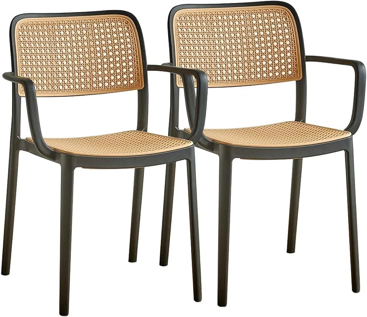 NARSA Modern Rattan Style Dining Chair for Home & Café | Cane Pattern Plastic Chair with Ergonomic Backrest | Lightweight & Durable Indoor Outdoor Seating Chair (Black, with Arm, Set of 2)-image-46