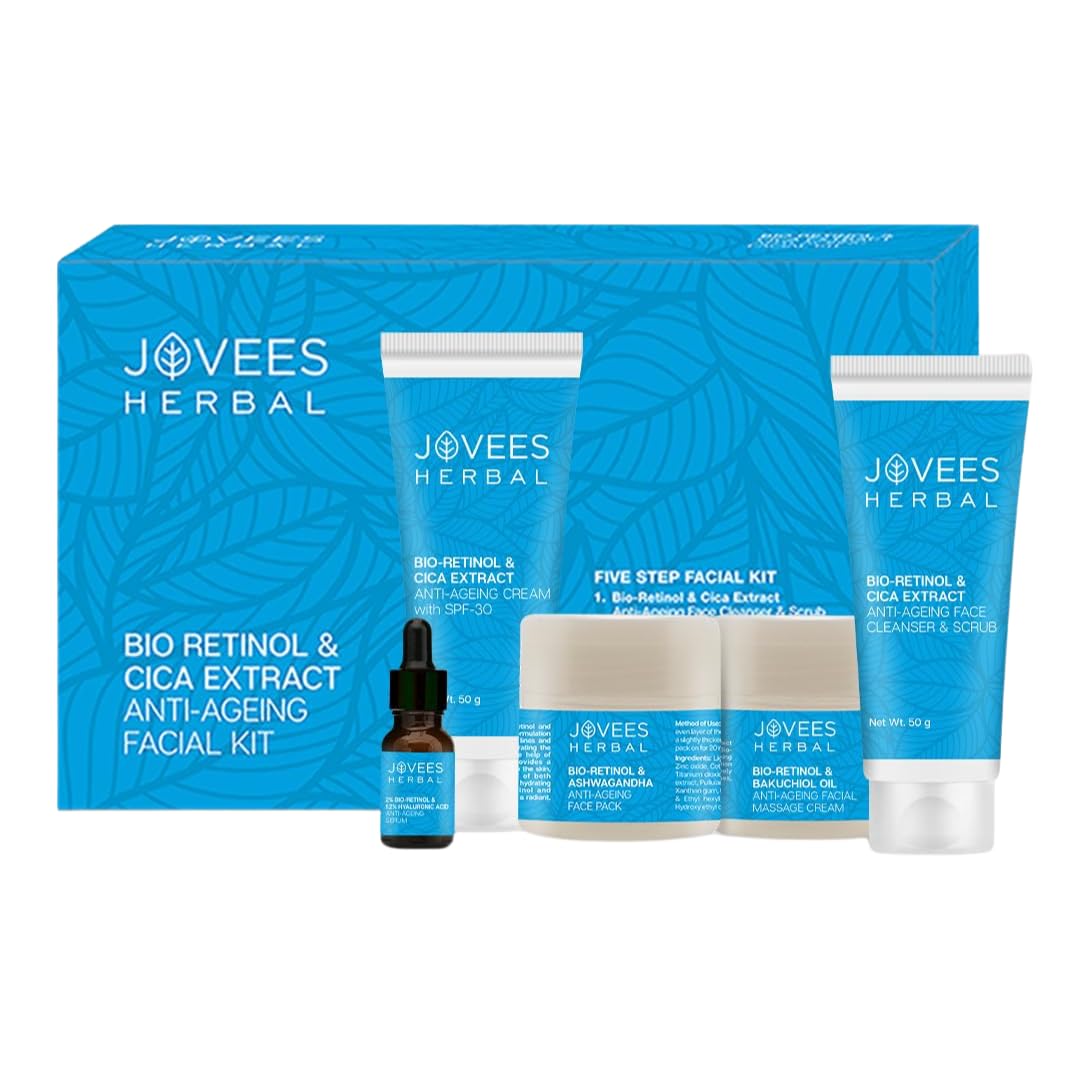 Jovees Herbal 30 Spf Bio Retinol & Cica Extract Anti Ageing Facial Kit For Ageing, Wrinkles, Fine Lines & Dark Spots With Bakuchiol Oil | 5 Step Facial Kit For All Skin Types 215g