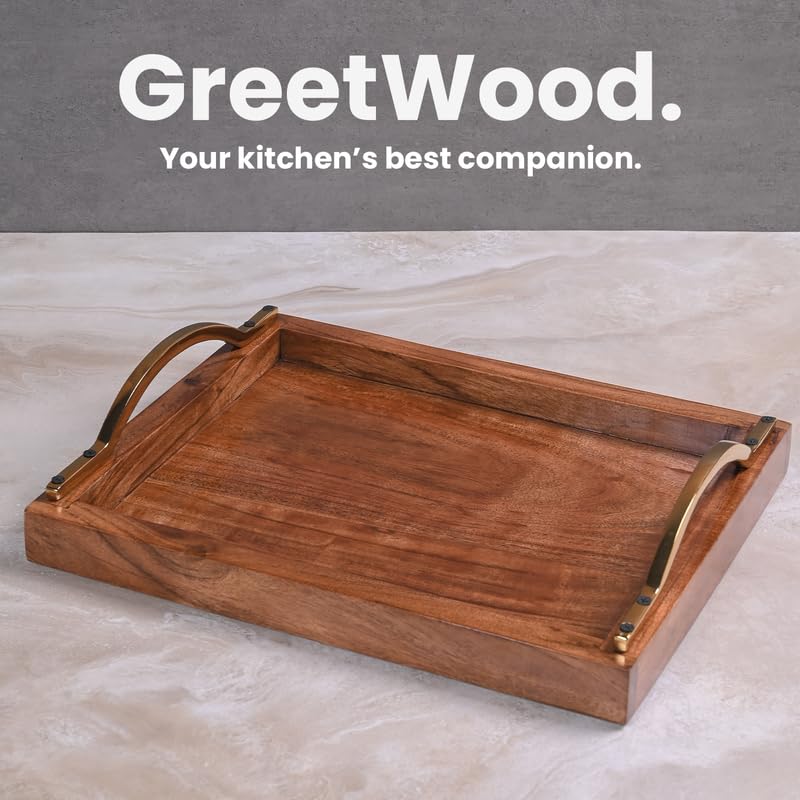 Image of Wooden Serving Tray with Stylish Handles - 15 Inch Rectangular Wooden Tray for Coffee Table, Kitchen, Breakfast & Home Decor | Multipurpose Organizer & Gift (Brass Finished Metal Handle)
