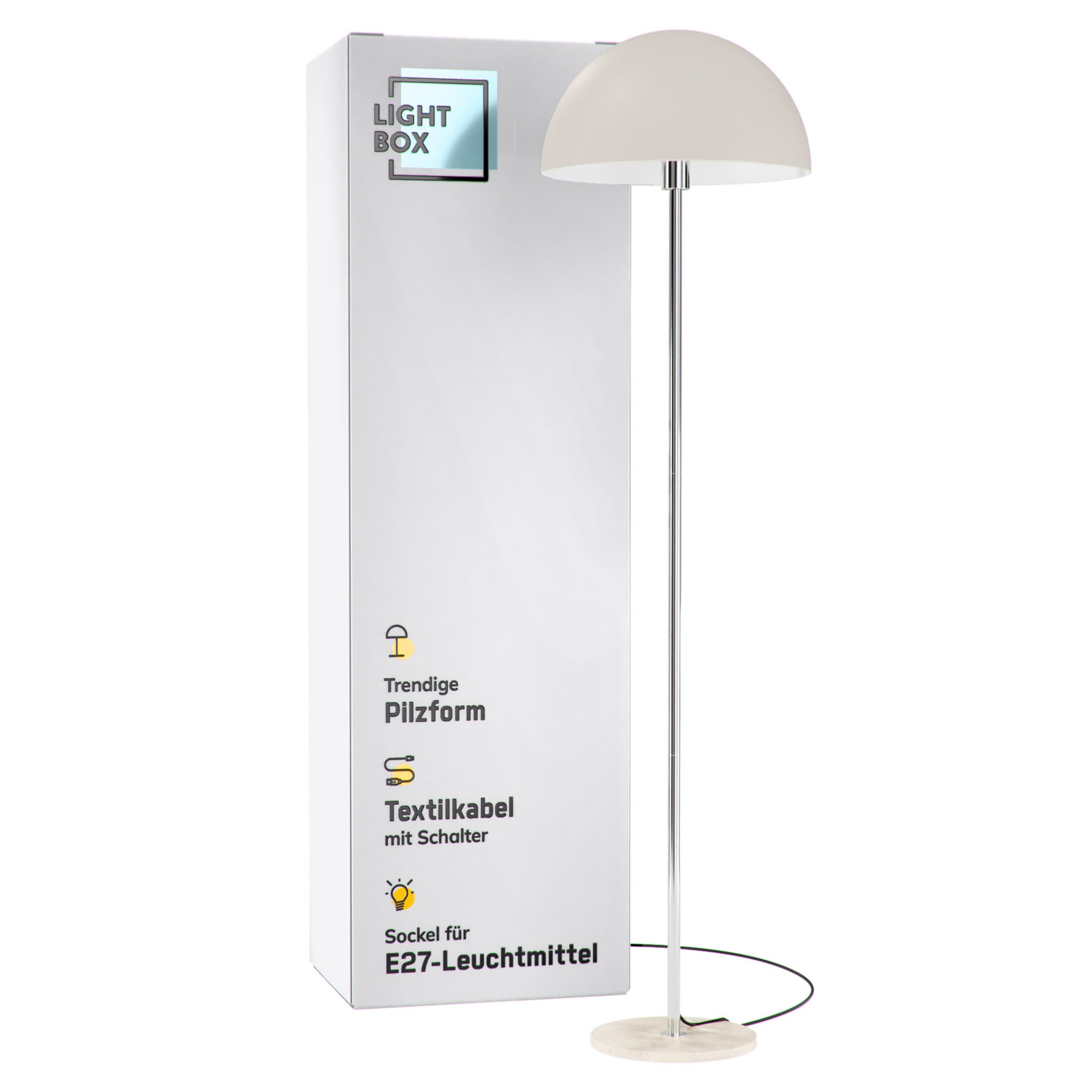 Lightbox Pilz-Stehlampe | 150 cm Höhe, Ø 40 cm | Stehleuchte mit Standfuß aus Travertine Stein & Fuß-Druck-Schalter | E27 | Flur Lampe | aus Metall in Hell- bis Dunkel-Beige/Silberfarben