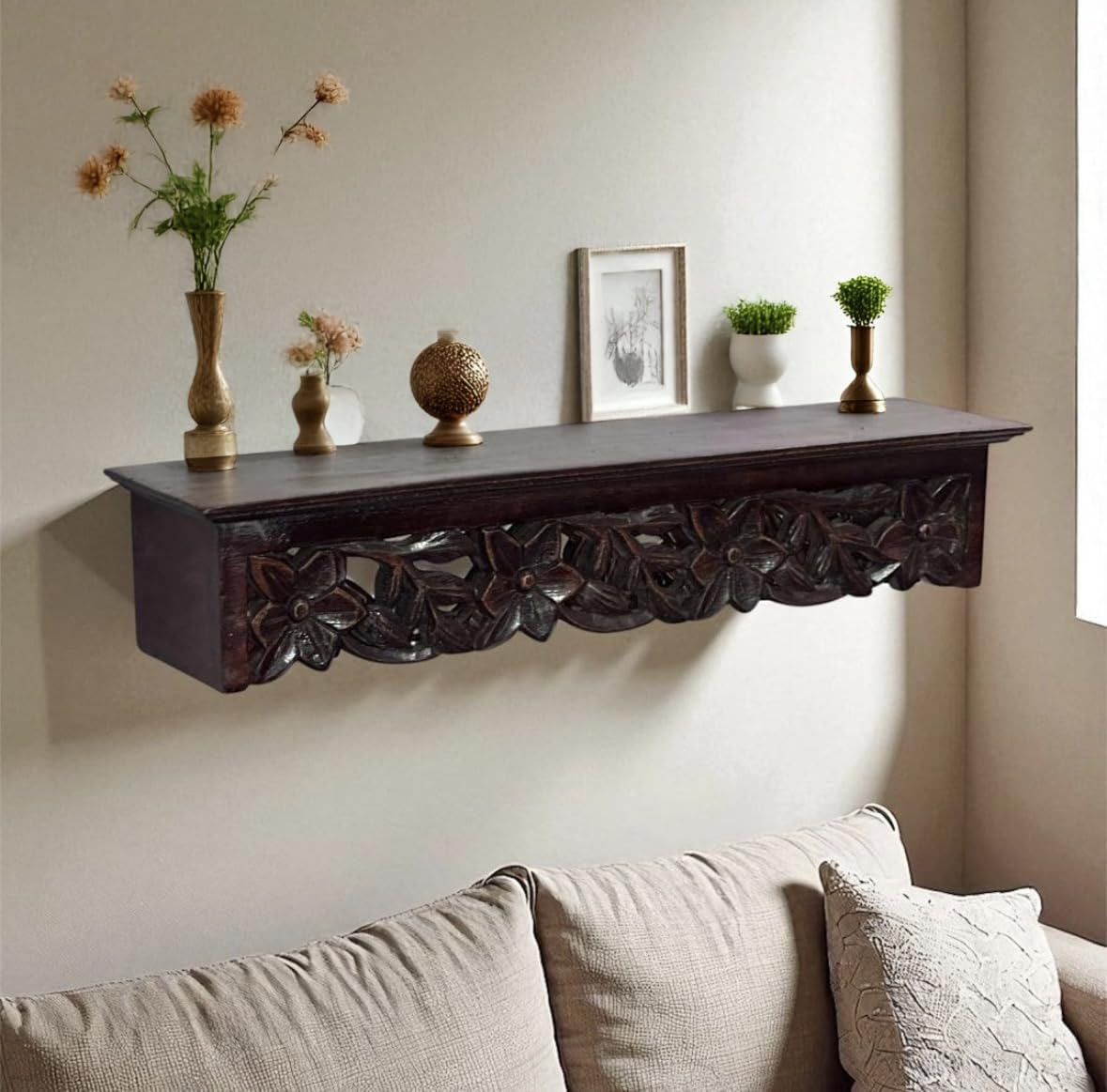 woodsome Handcrafted Wooden Wall Hanging Shelf 24 Inch | Decorative Carved Wall Shelf for Living Room, Bedroom & Office | Antique Finish Wooden Display Rack-image-29