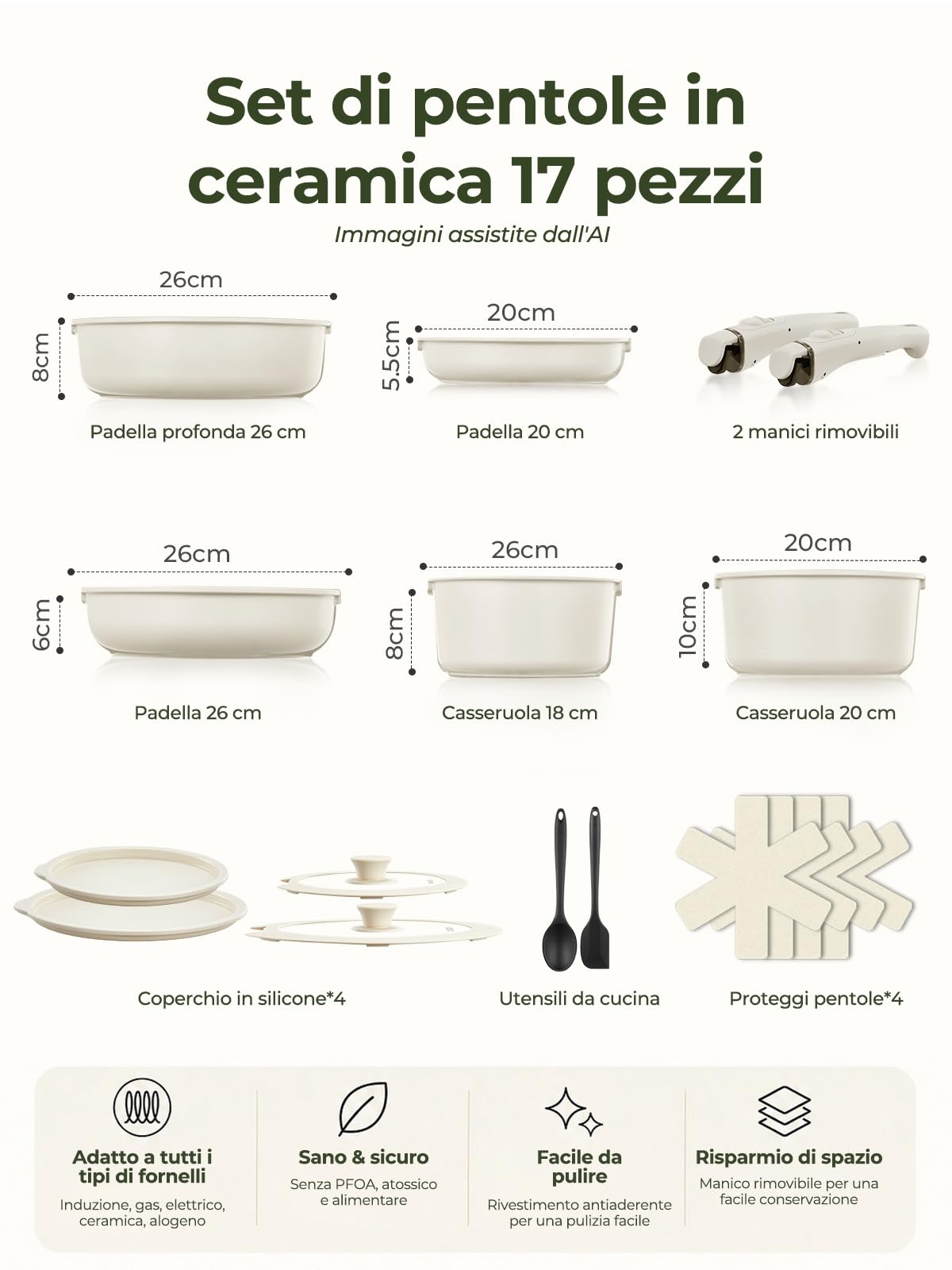 Set pentole antiaderente 17 pezzi - Batteria di cucina con manico removibile - Rivestimento ceramico antiaderente
