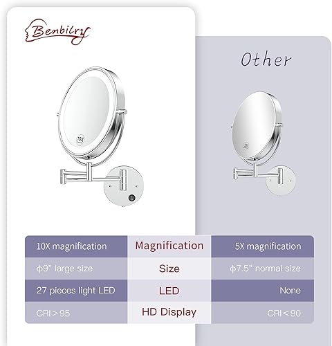 Miniatura 5 de Benbilry Espejo de maquillaje LED de 9 pulgadas de doble cara con aumento de 1X10 x ampliación extensible iluminado con luz espejo de baño redondo