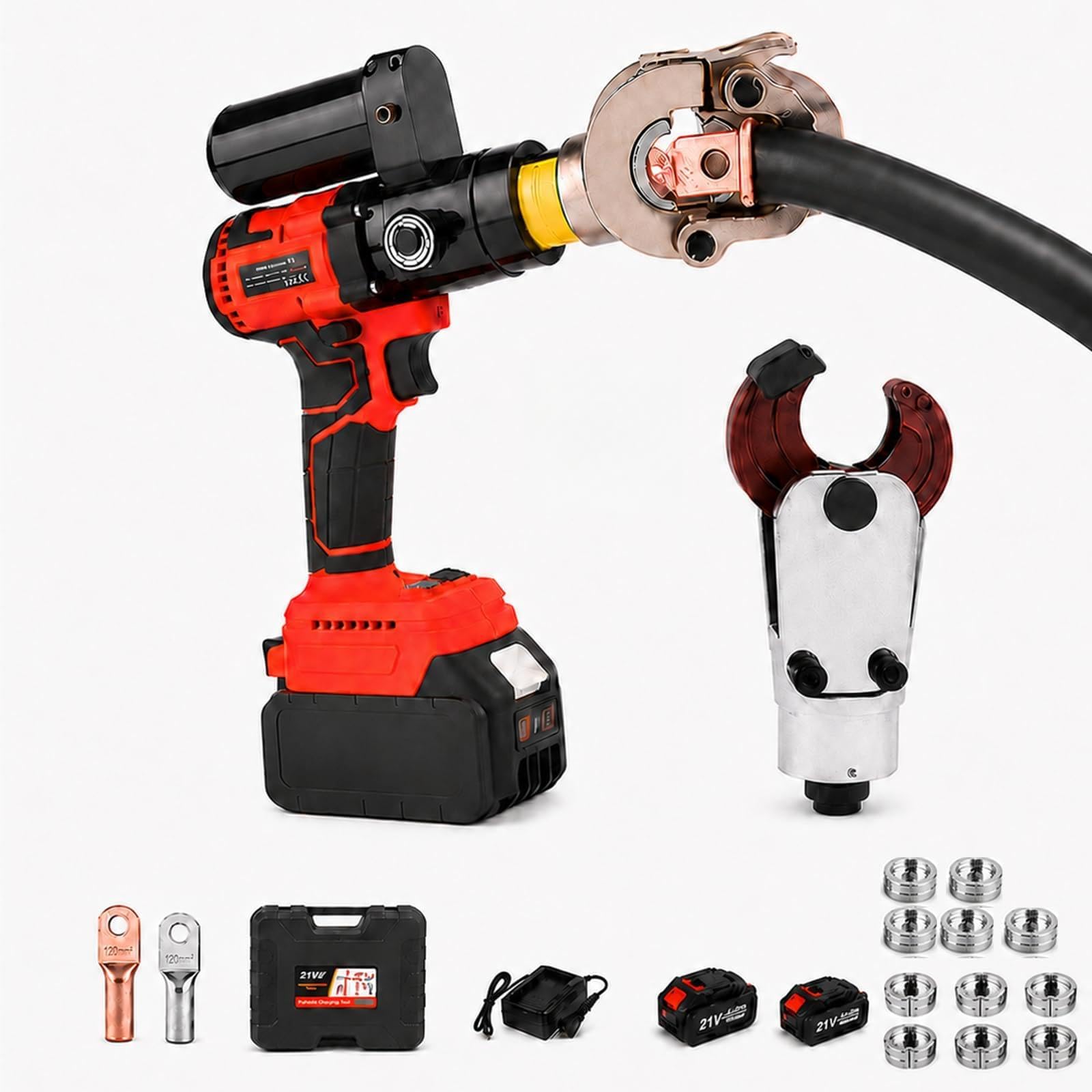 Crimpadora & Cortacables con Fuerza Hidráulica 7T, Presión 70 MPa 2In1Kit | Dos Baterías 21 V 4,0 Ah Permiten Trabajo sin Cable; Cada Carga Ofrece unas 4 Horas de Uso y Aproximadamente 200 Ciclos.