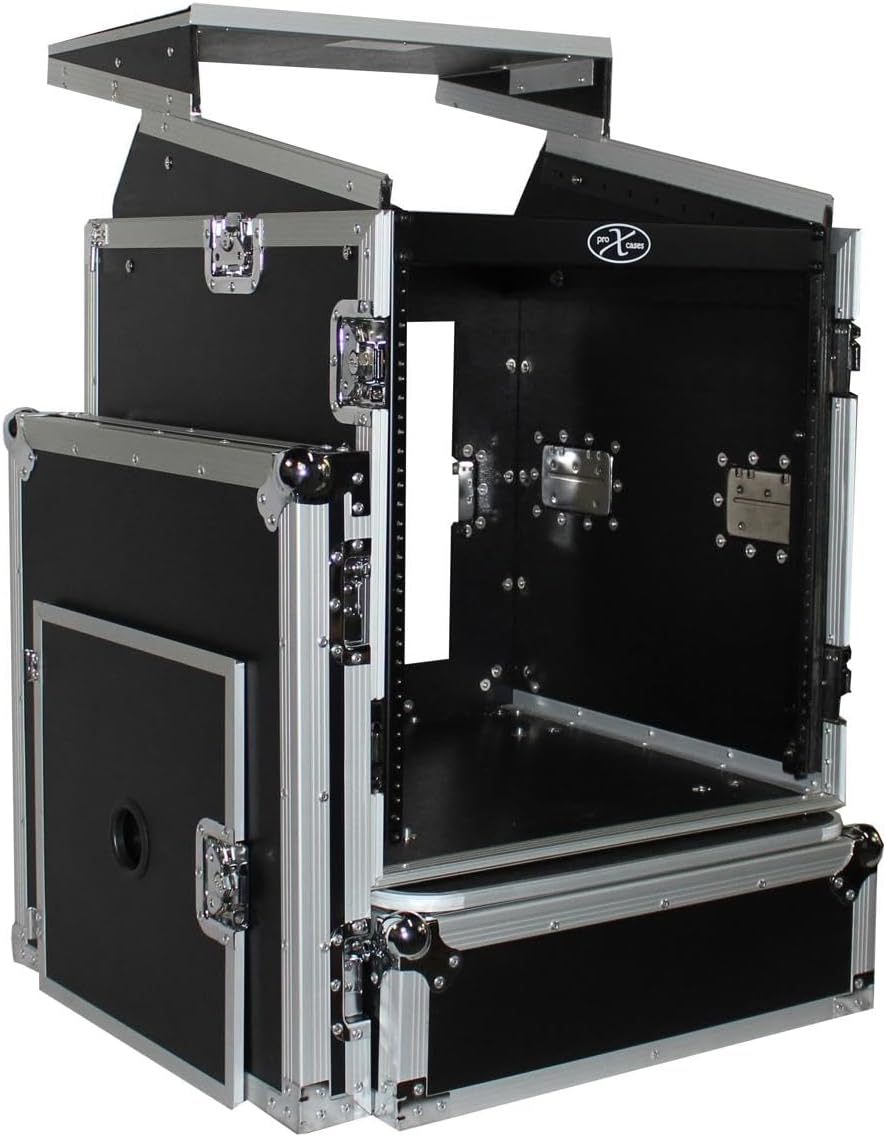 ProX Cases T-12MRLT 12 Space 10U Top Load Slant DJ Mixer - Road Gig Ready Flight Combo Rack w/Gliding Laptop Shelf
