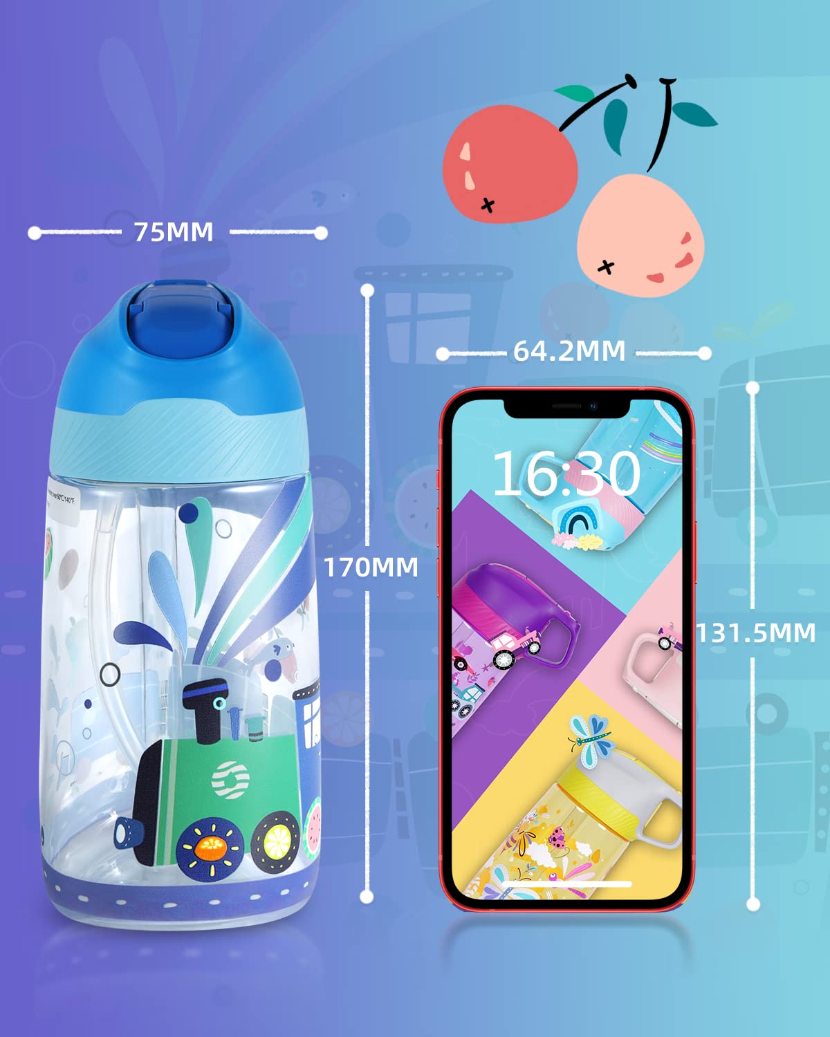 Fjbottle Borraccia Bambini con Cannuccia 450ml, Tritan - Senza BPA/Senza Perdite, Bottiglia Acqua trasparente Plastica riutilizzabile, scuola, asilo - Leggera e Robusta