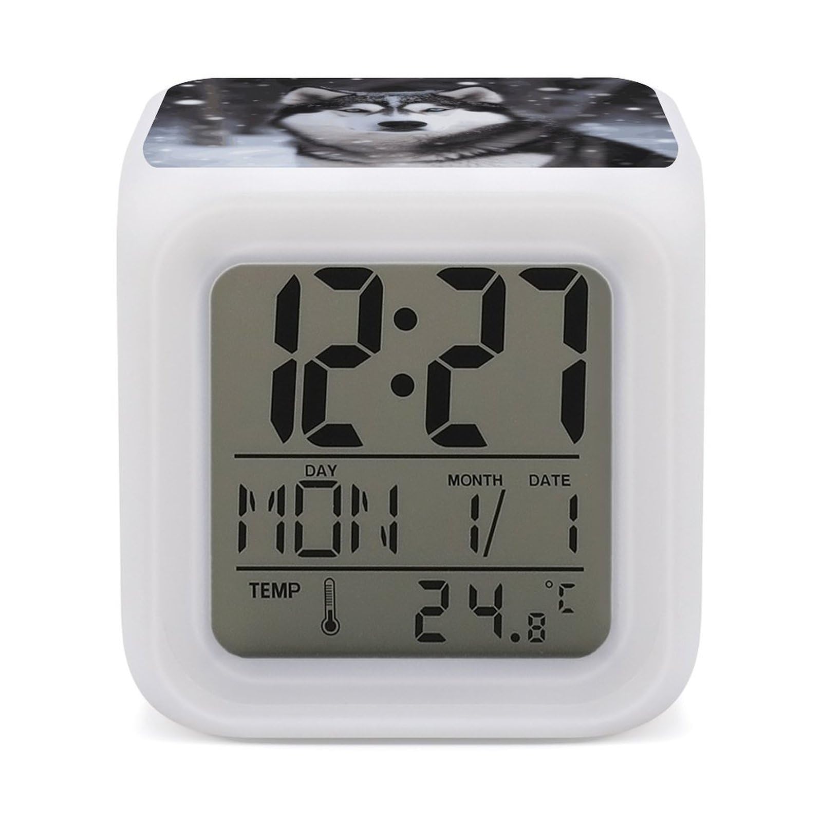 JTREHY Husky in Snow Dog Alarm Clock Digital Dimmable Clock for Bedroom LED Display Screen Mini Clocks 7 Color Dimmable Night Lights Time-to-Rise Alarm Clocks for Office Living Room