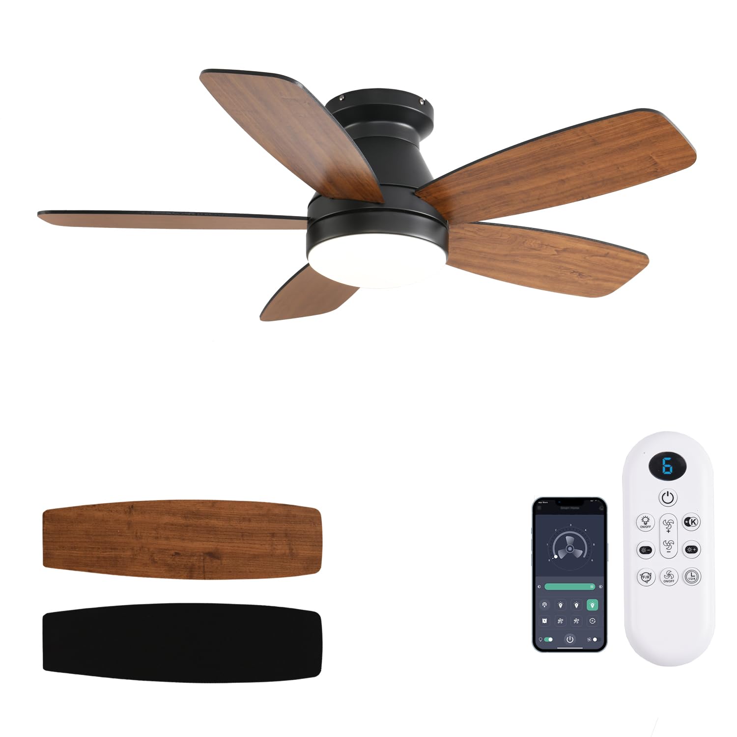 Ceiling Fans with Lights, 42 Inch Low Profile Ceiling Fan with Light and Remote/App Control, Flush Mount, Reversible, 3CCT, Dimmable, Noiseless, Brown Ceiling Fan for Indoor/Outdoor Use
