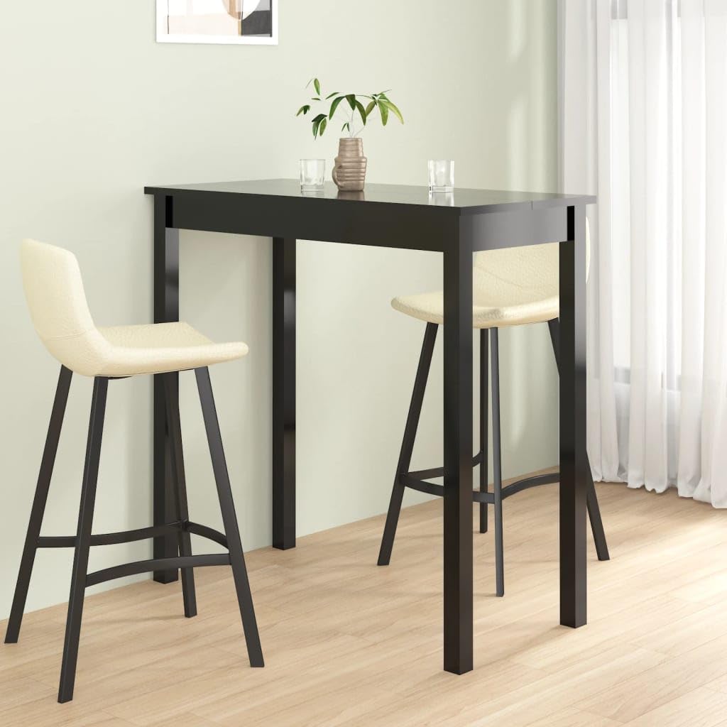 Mesa de bar negra 115 × 55 × 107 cm de tablero MDF y patas de madera de pino, diseño moderno, resistente y fácil de limpiar, para cocina, comedor, oficina en casa
