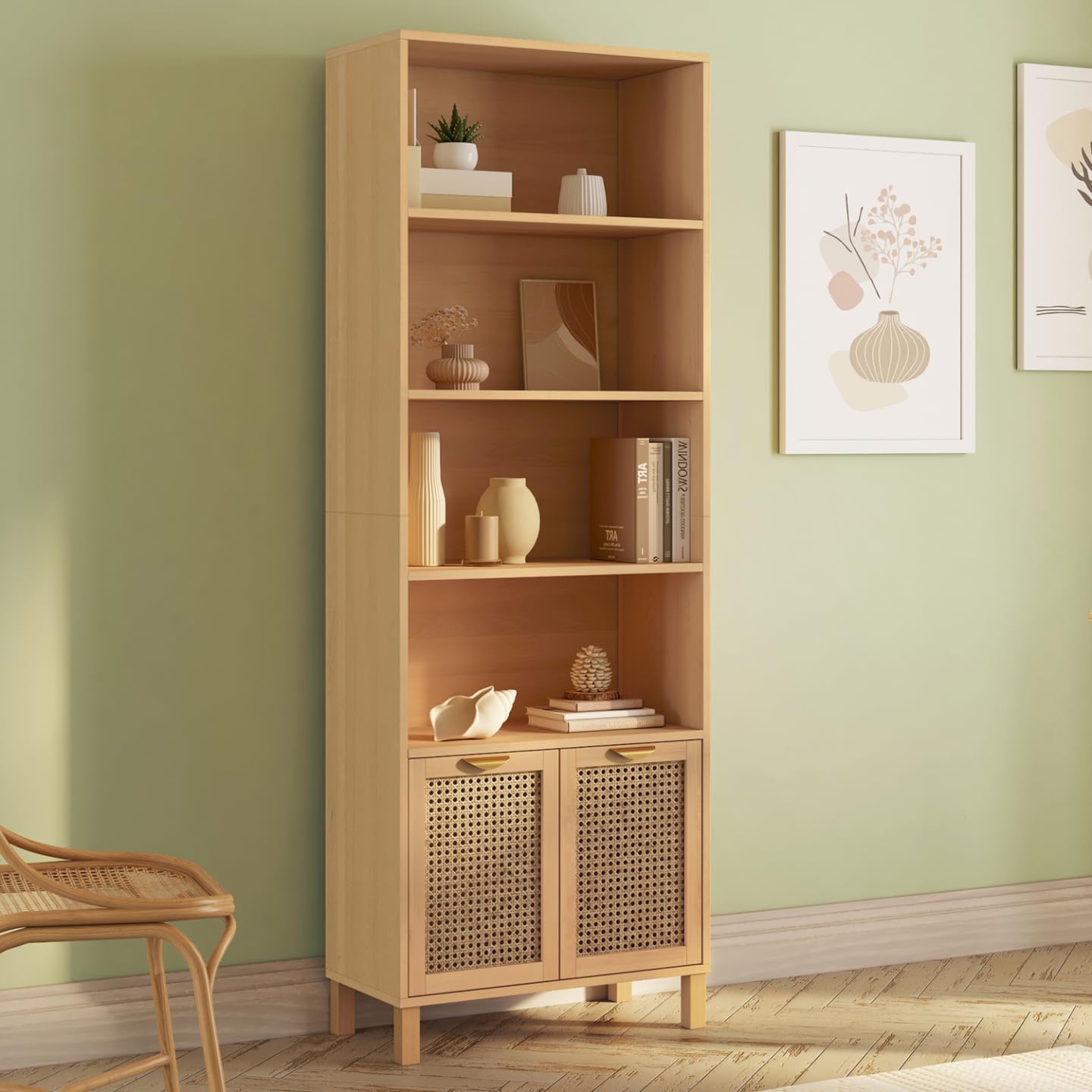 IDMarket - Etagère bibliothèque 4 Niveaux avec Placard EDHEN cannage et Bois