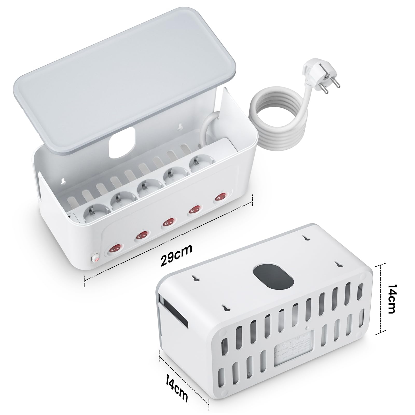 Kabelbox mit Steckdosenleiste Weiß, Mehrfachsteckdose Überspannungsschutz | Kabel Organizer Box 5-Fach Steckerleiste Einzeln Schaltbar,5 Steckdose und 4 USB, Schreibtisch Organizer Kabelmanagement Box