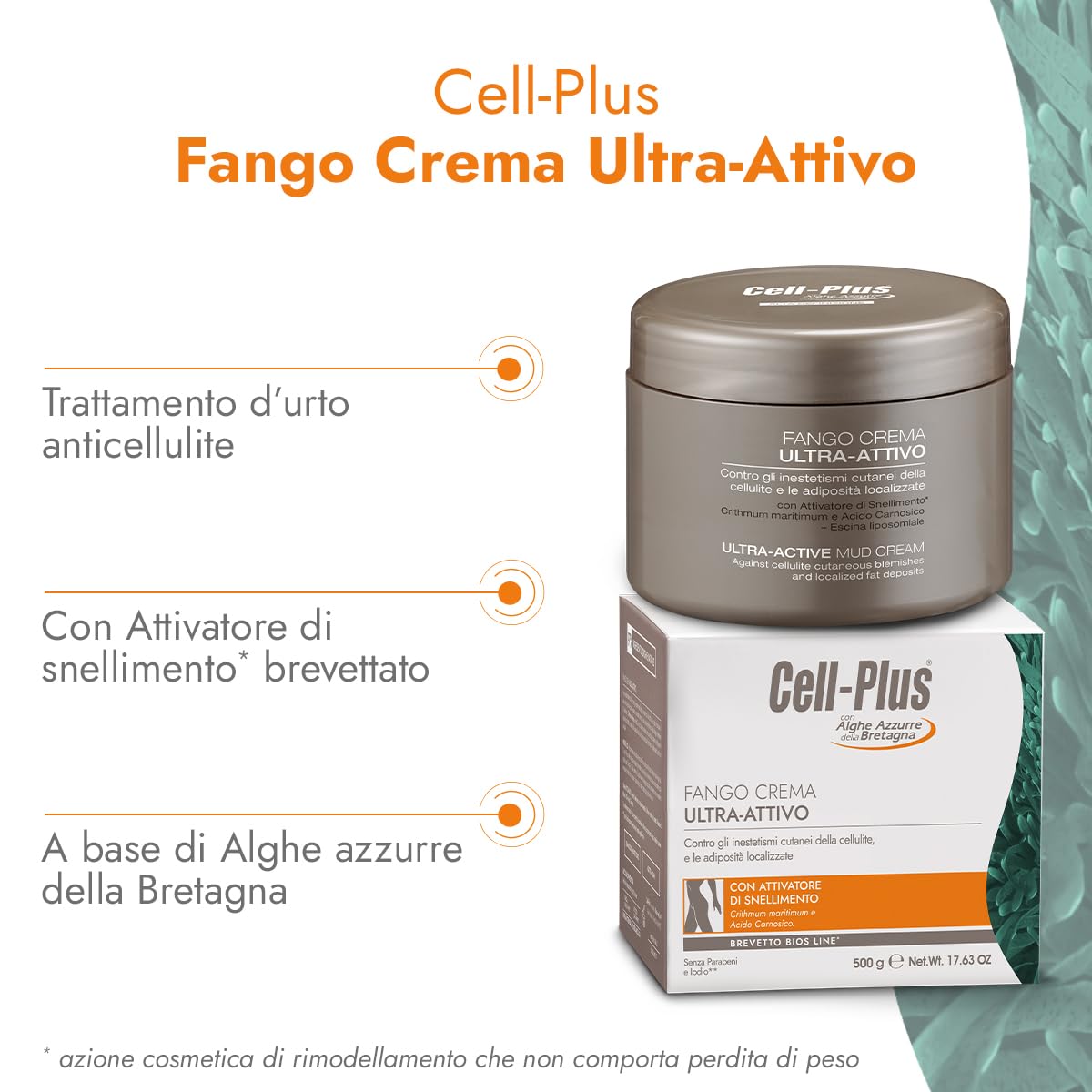 CELL PLUS Fango Crema Ultra-Attivo 500g, Trattamento Contro Cellulite e Adiposità Localizzate, Riequilibra Microcircolazione