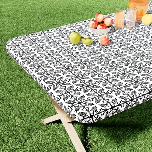 misaya Rectangle Vinyl Table Cloth, Elastic Fitted Flannel Backed Tablecloth, 100% Waterproof Plastic Table Cover Fits 6 Foot Folding Tables for Picnic, Camping, Outdoor (Black, 30' x 72')