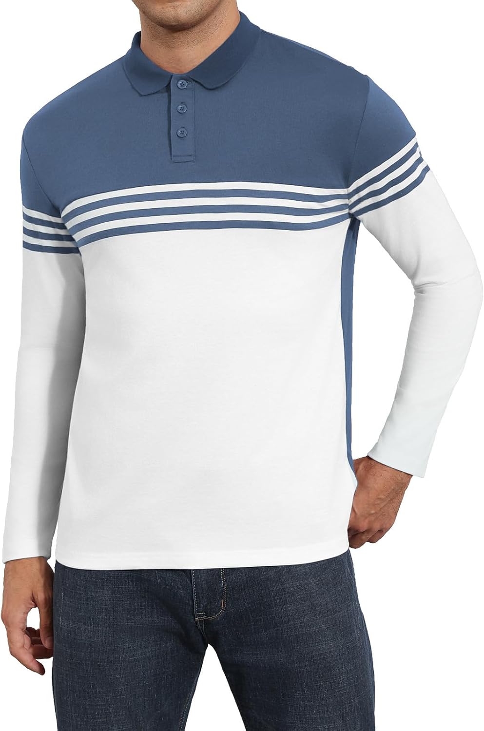 Men's Polo Shirts Long Sleeve Vintage Striped Golf Polo Casual Collared Slim Fit Cotton Shirts