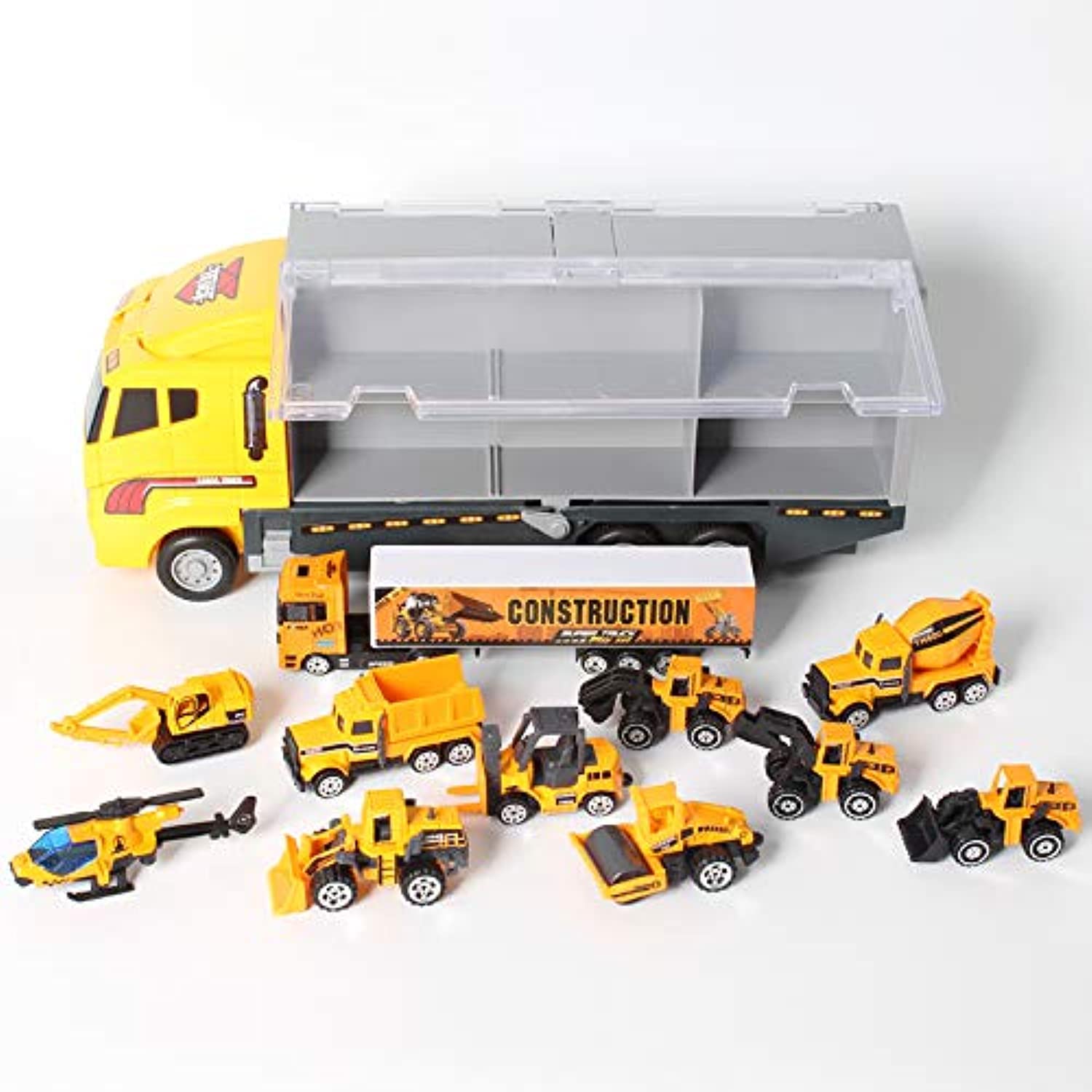 N/P 11 in 1 Engineering Die-cast Construction Cars Toy Set Play Vehicle in Carrier Truck for Toddlers Age 3 4 5 6 7 Year Old Boy Kids