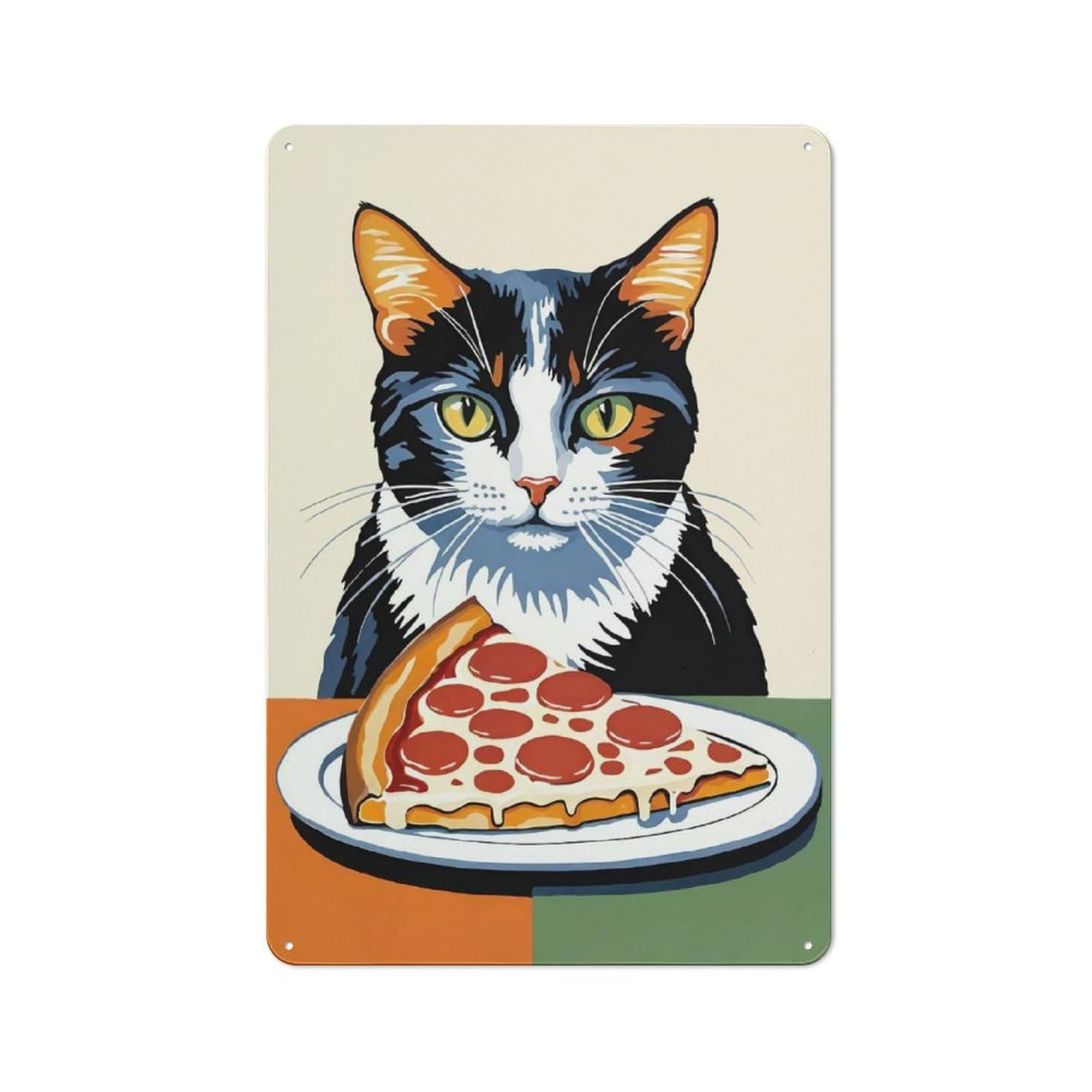 Junmoney Pizza Cat Decorative Tin Sign With Design 30X20cm, Classic Retro Room Decor For Kitchen, Hallway, Bar Or Small Cafe