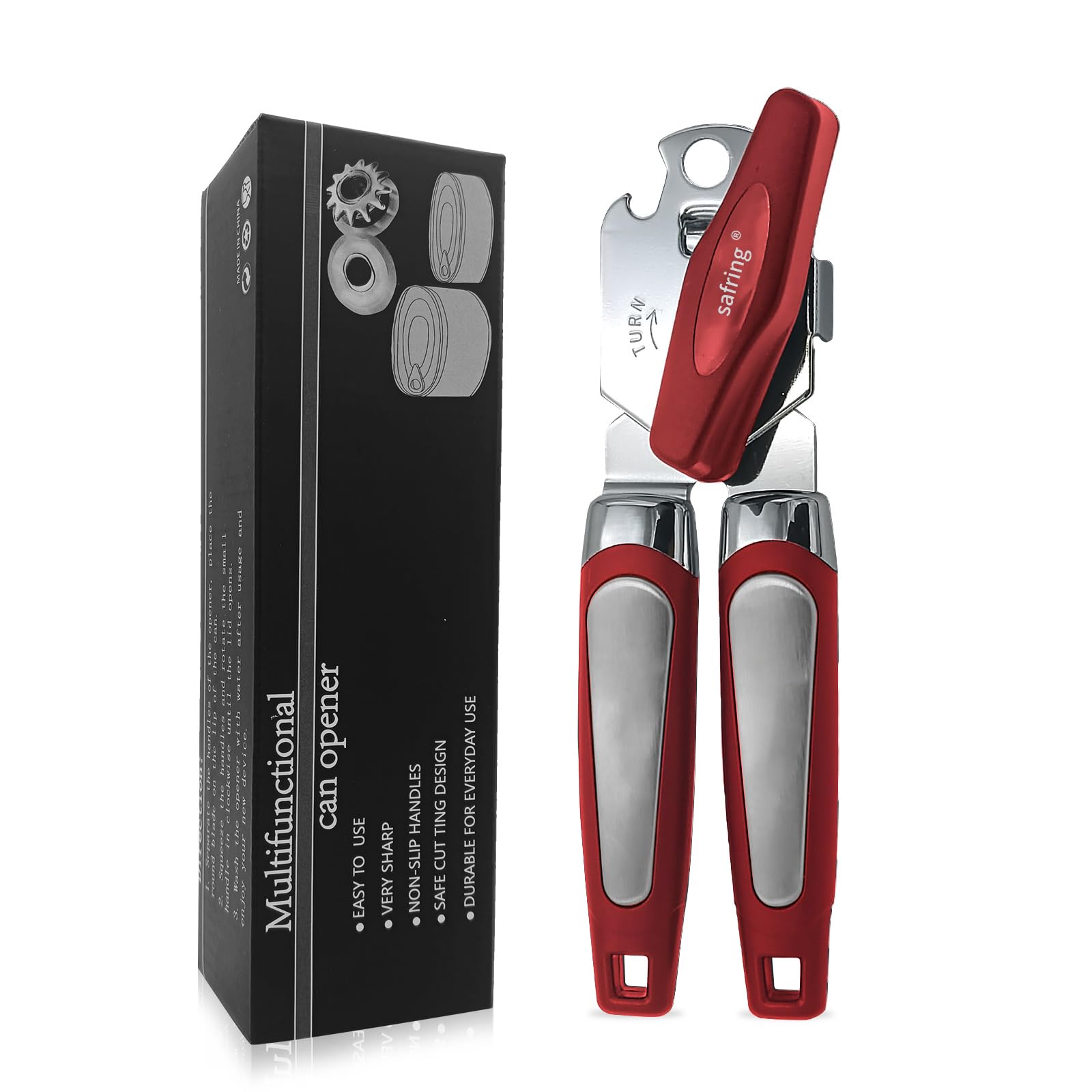 Safring Can Opener Manual, Handheld Strong Heavy Duty Stainless Steel Can Opener, Comfortable Handle, Sharp Blade Smooth Edge, Can Openers with
