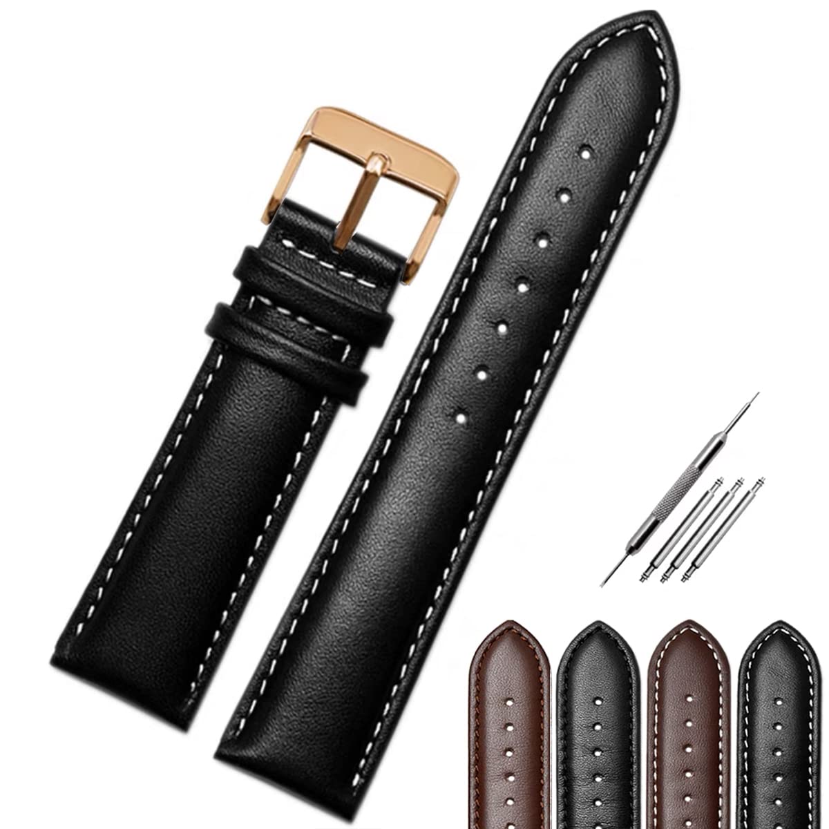 Strapseeker Jaxon Top Grain Padded Leather Rose Gold Pin Buckle Watch Strap Premium Watch Band Replacement for Men & Women Watchband with Stitches Brown Black Color Compatible Most Watches Choose