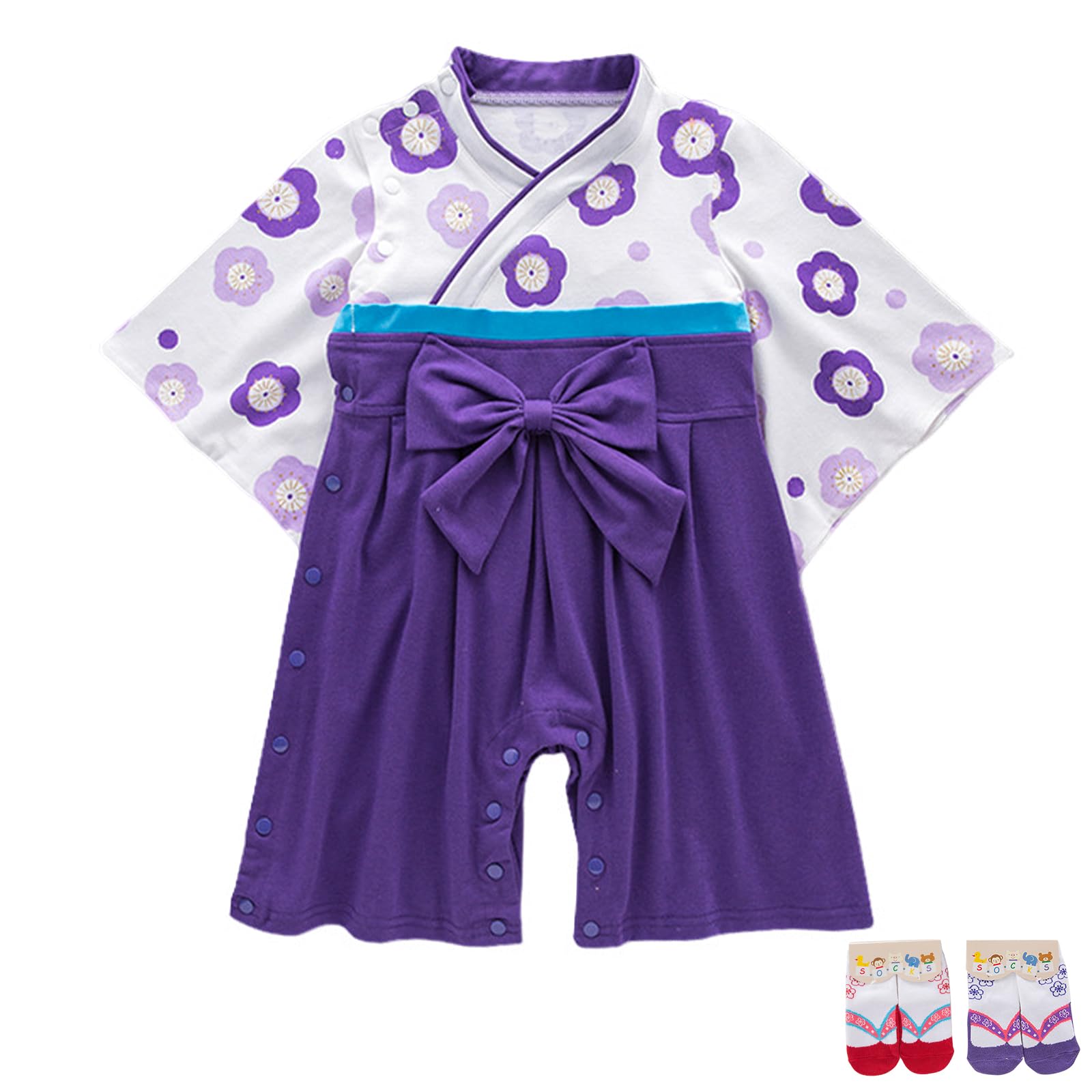 YOOCHUENG Bodys para Bebés Mono Kimono Manga Larga Kimono Japonés para Bebé Monos de Algodón para Niños Pequeños para Bebés Niños y Niñas con 2 Pares de Calcetines