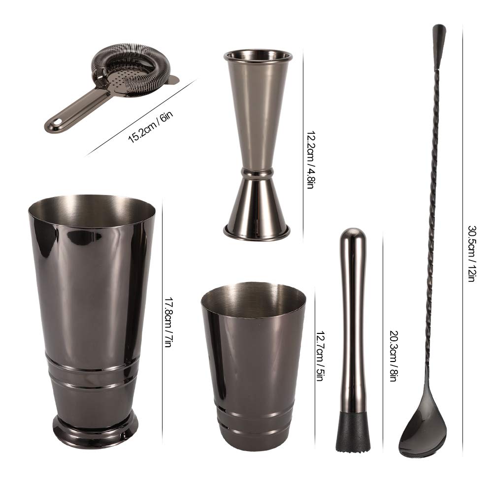 Cocoarm Juego de Cócteles Juego de Coctelera de Acero Inoxidable 304 Negro de 5 Piezas de Herramientas de Barra Boston con Cuchara Coladora Jigger para Fiestas de Camareros en el Bar en Casa
