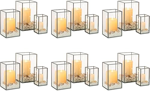 Miniatura 10 de NUPTIO Centros de mesa con portavelas de huracán 6 lámparas decorativas de cristal con marco de metal dorado, portavelas de pilar modernos para