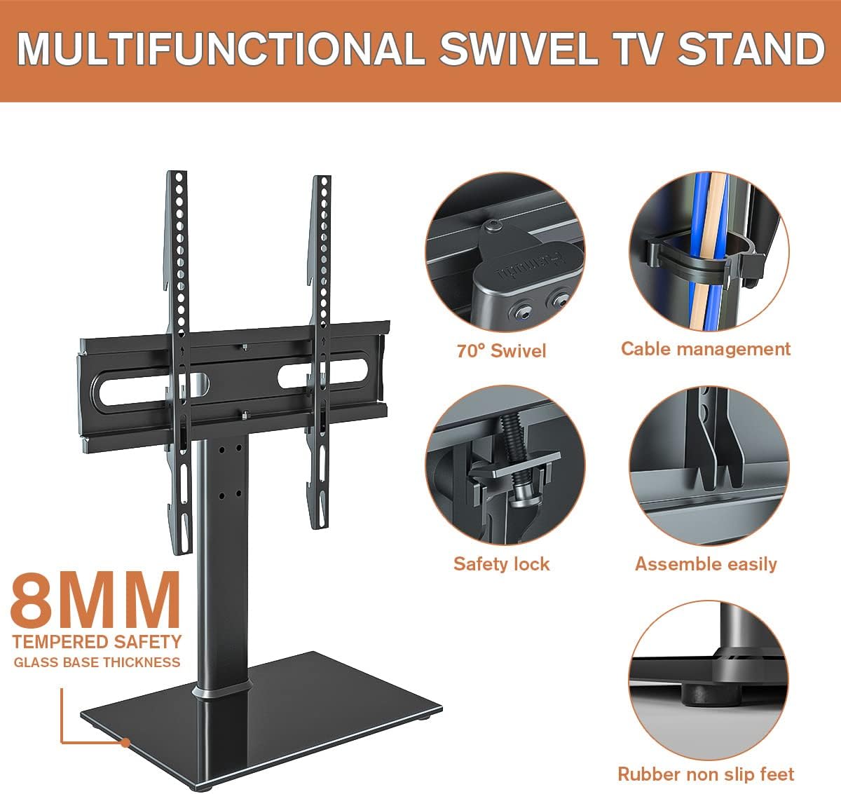 Universal Swivel TV Stand - Table Top TV Stand for 27-60 inch LCD LED TVs - Height Adjustable TV Base Stand with Tempered Glass Base & Wire Management, VESA 400x400mm HT06B-002
